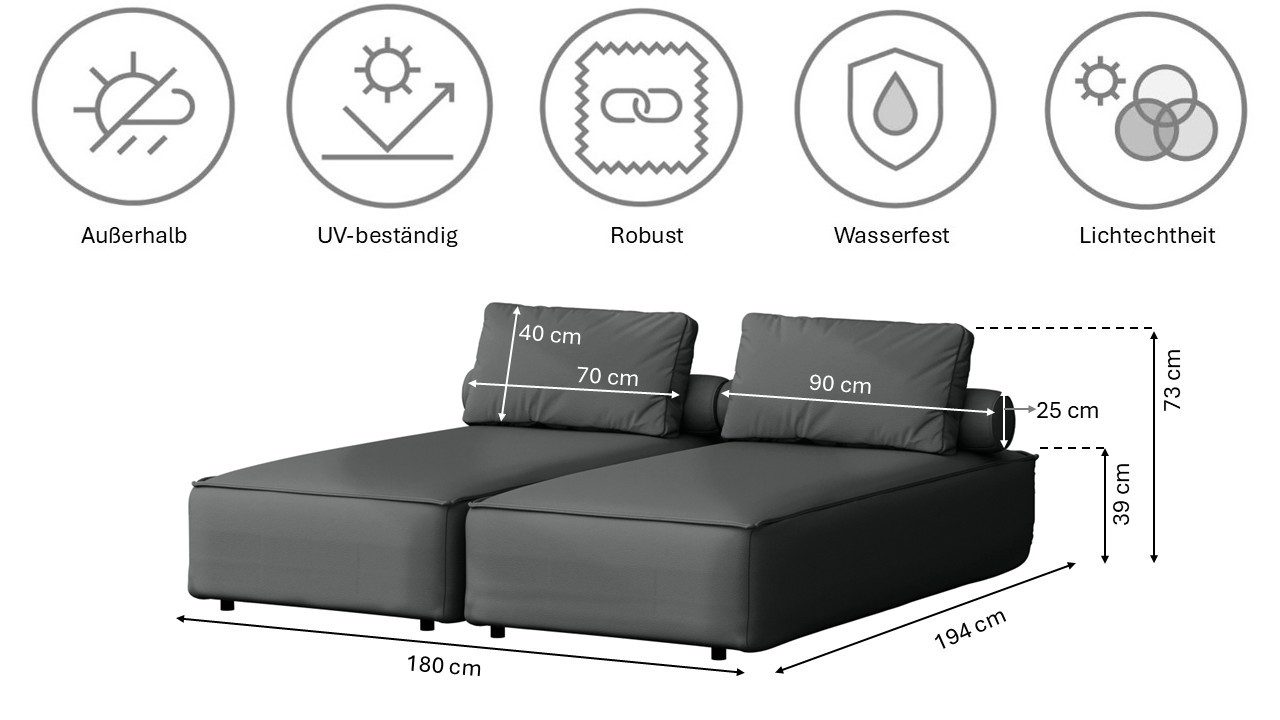 Kaiser Möbel Gartenlounge-Sessel Doppelter Liegestuhl für den Garten MALIBU, Terrasse, Hinterhof (2 Liegestühle 4 Kissen)