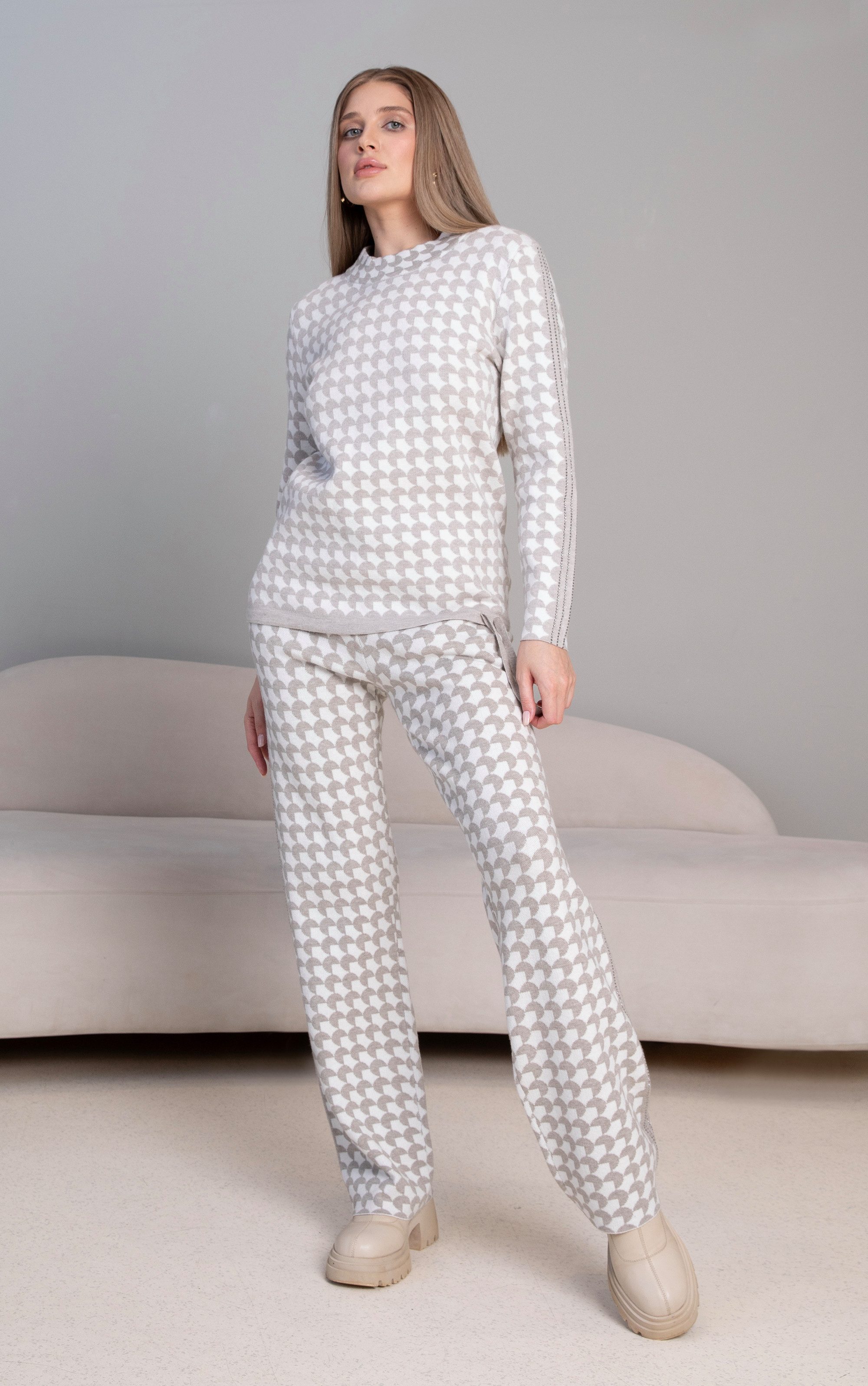 Passioni Strickhose mit geometrischem Muster grau- weiß günstig online kaufen