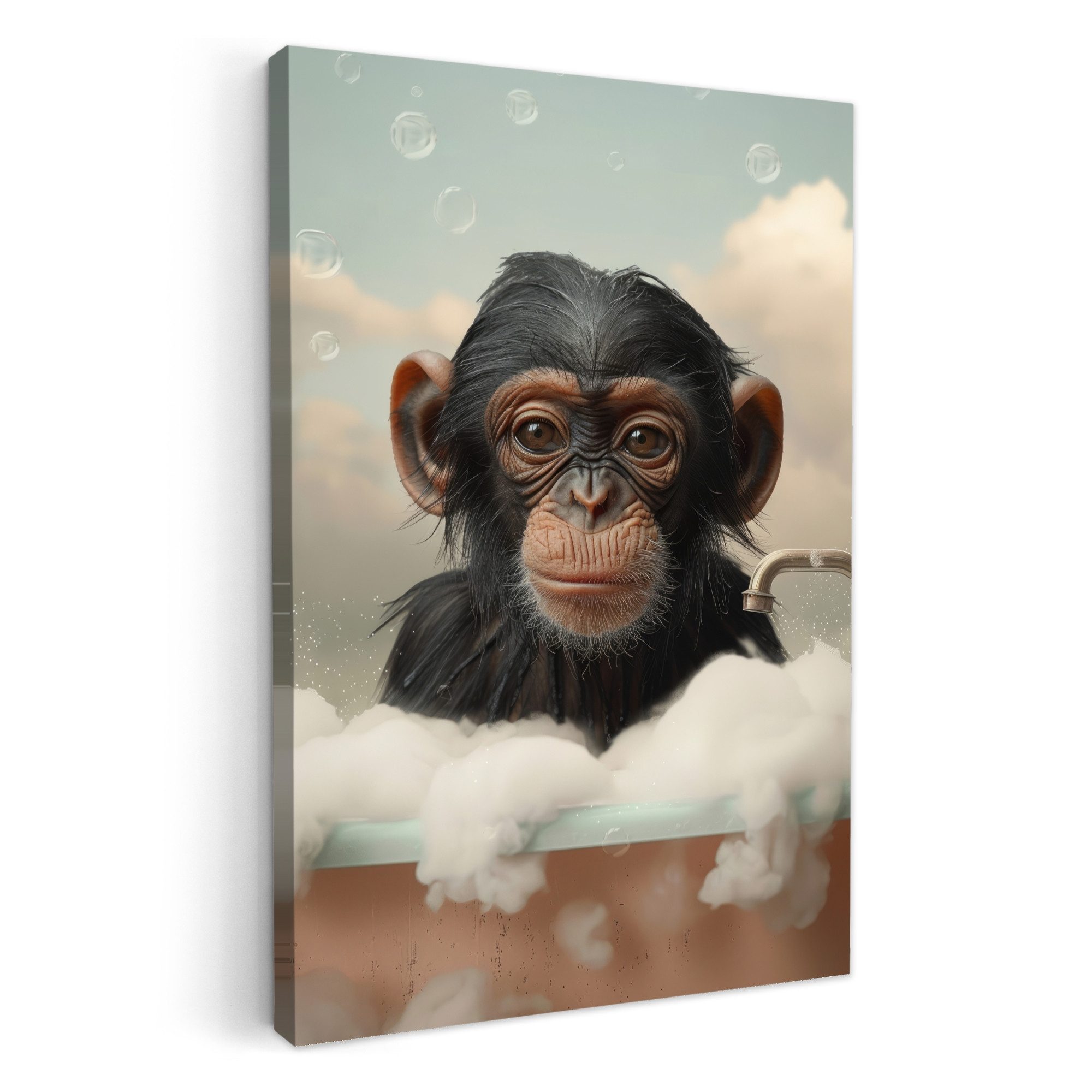 OneMillionCanvasses® Leinwandbild Affe - Tiere - Bad - Schaumstoff, Fotodruck (1 St), Badezimmer Deko, Изображения WC, Toilette Wanddeko 20x30 cm
