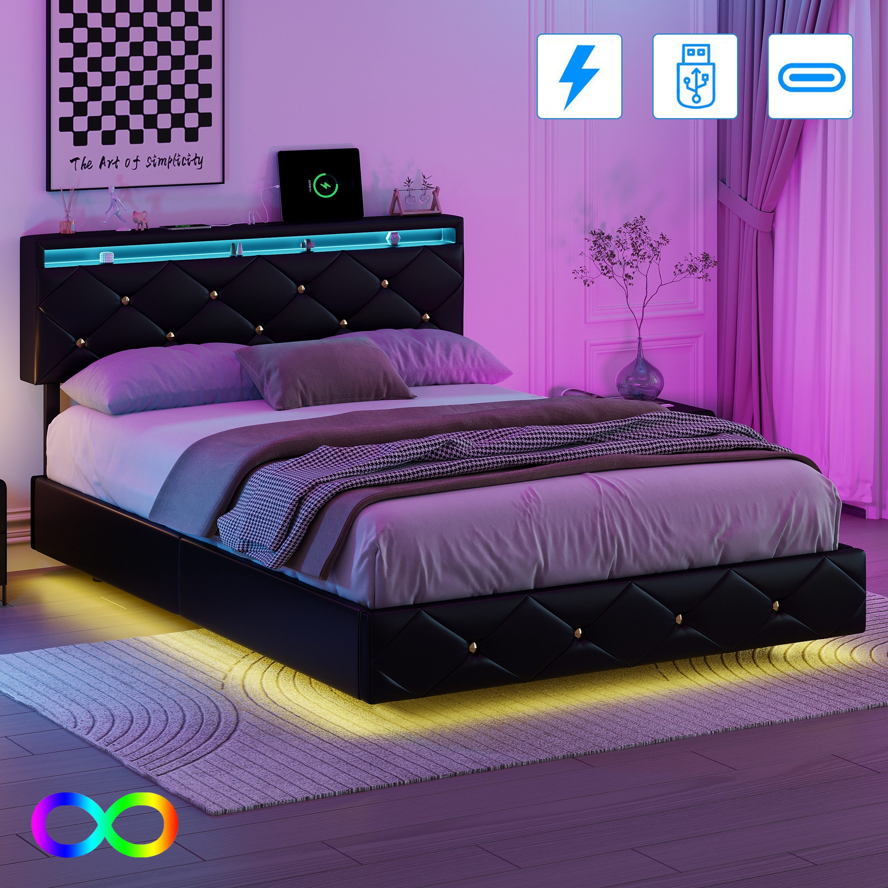PXloue Polsterbett LED Doppelbett (Höhenverstellbares Kopfteil), Jugendbett günstig online kaufen