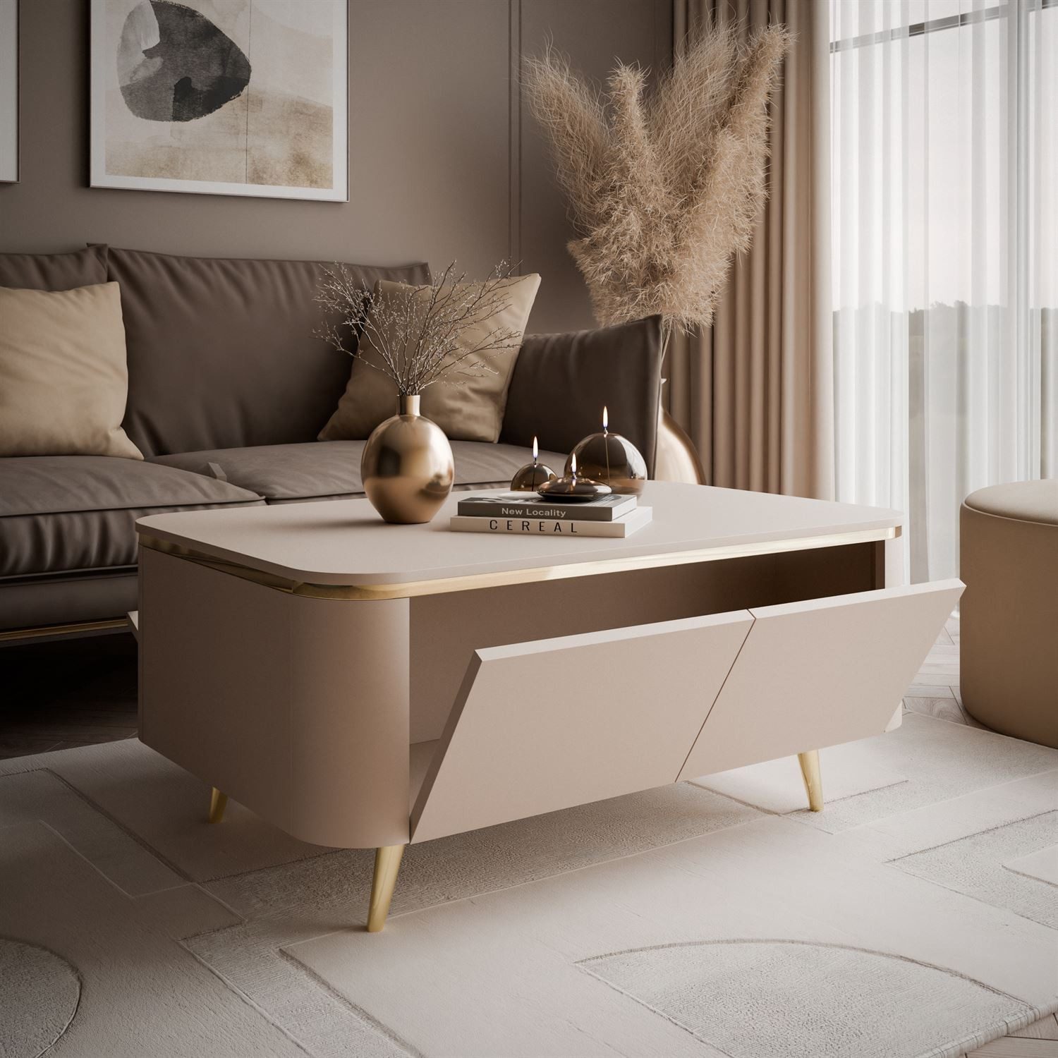 ALLHOUSE24 Wohnzimmer-Set LINE - TV-Schrank, Couchtisch, Kaschmir matt / Gold Metallfüßen, (2-St., Das Set besteht aus: TV Schrank, Couchtisch), Breite: TV Schr – Bild 5 von 5