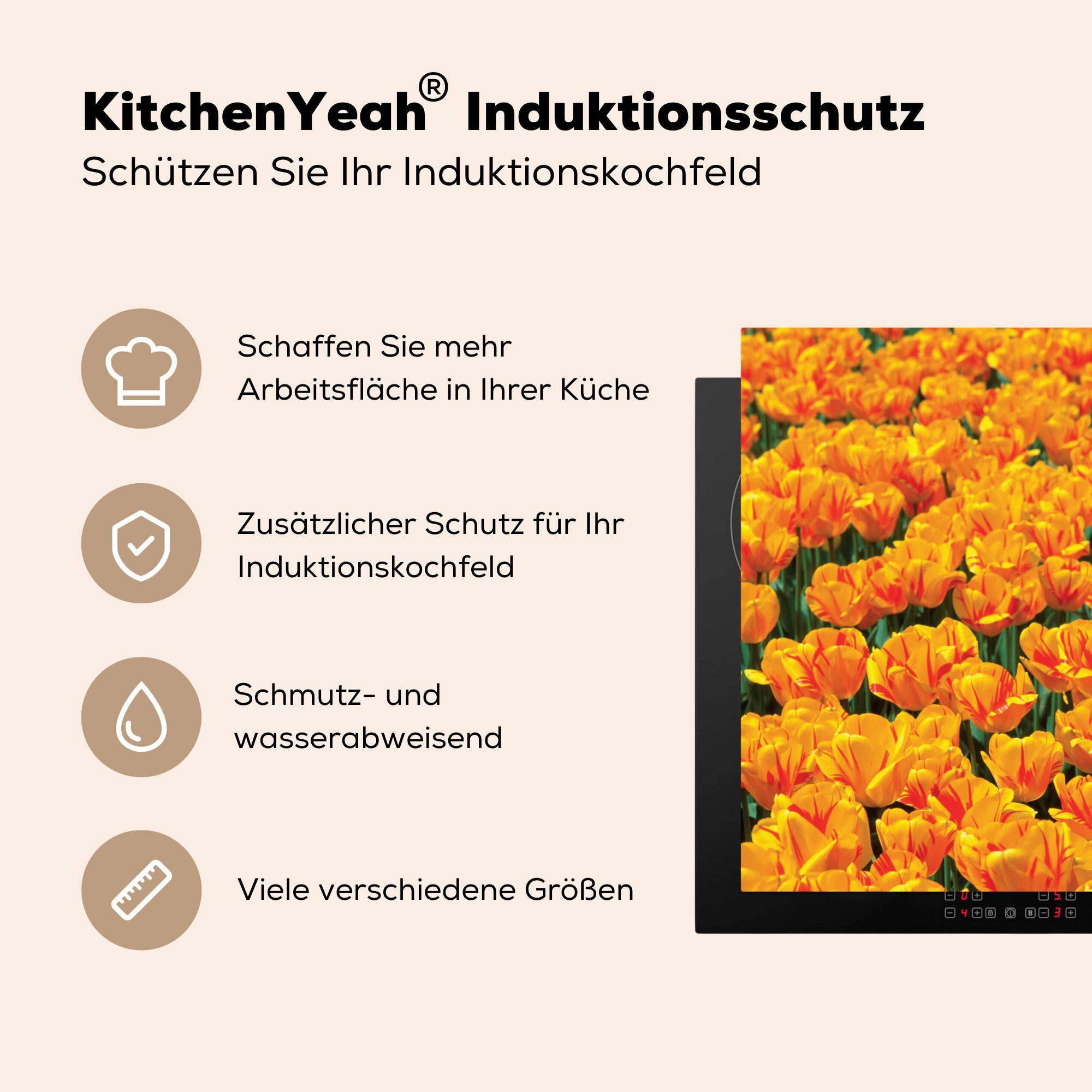 MuchoWow Herdblende-/Abdeckplatte Orangefarbenes Tulpenfeld, Vinyl, küche Arbeitsplatte Ceranfeldabdeckung, für 78x78 (1 tlg), cm