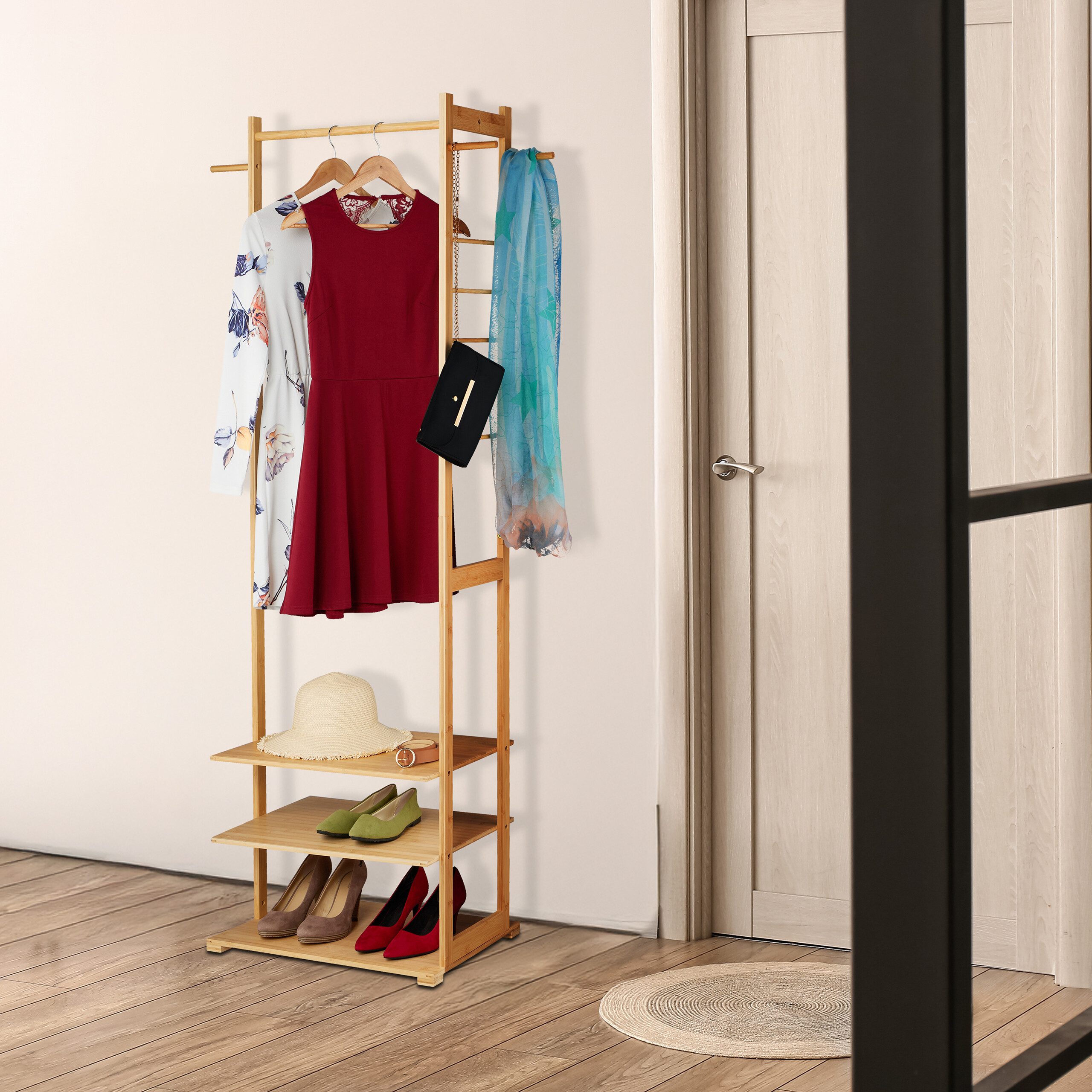relaxdays Kleiderständer Bambus Kleiderständer mit 3 Ablagen, natur günstig online kaufen