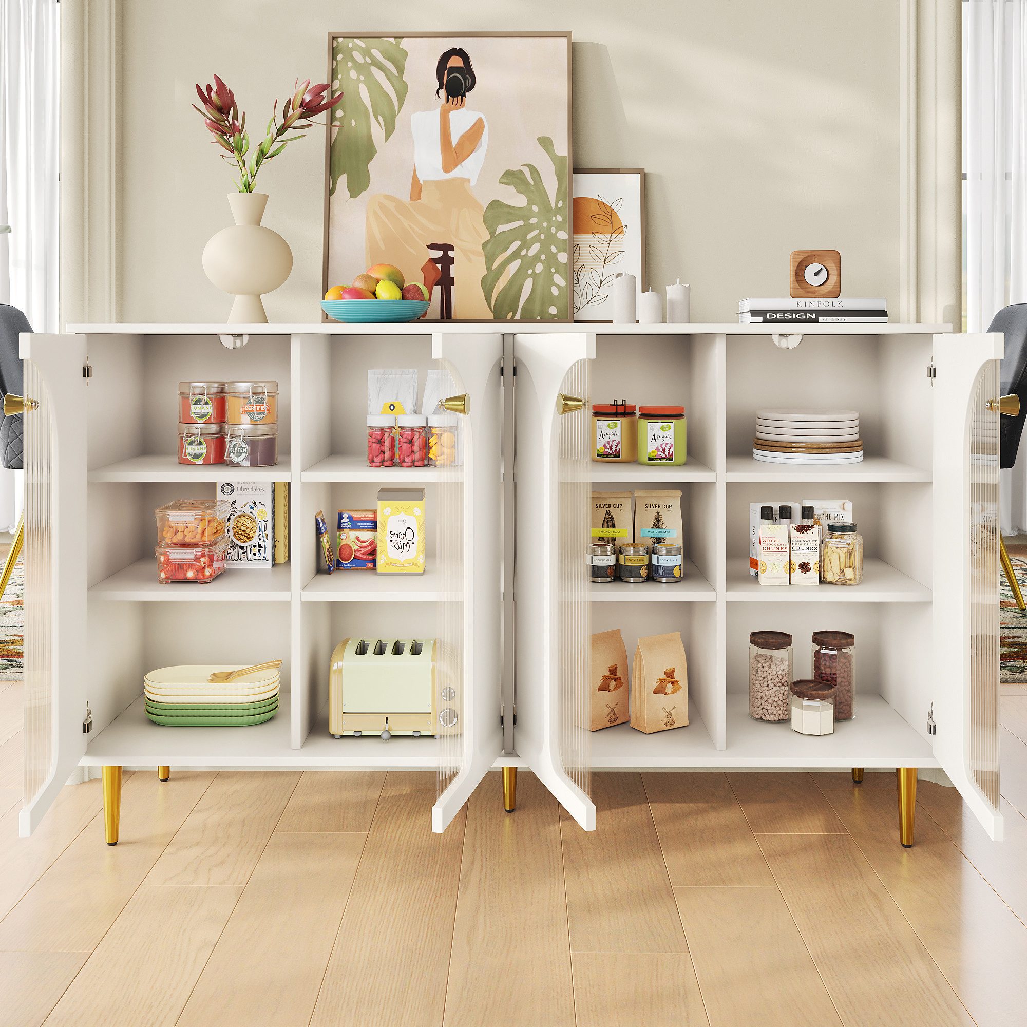 Flieks Sideboard mit 4 Glastüren Schwarz/Weiß günstig online kaufen