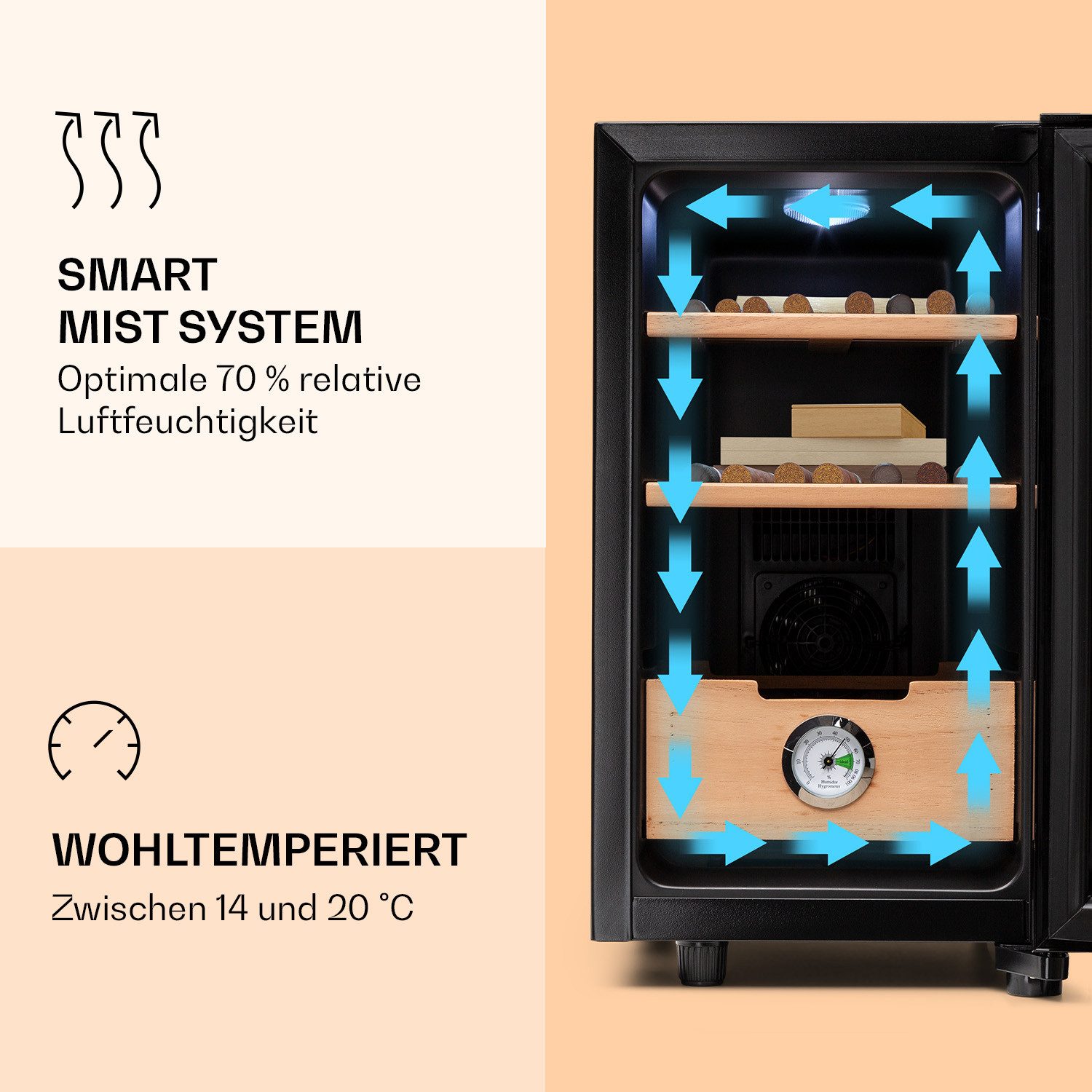 Klarstein Weinkühlschrank El Presidente 23 Humidor, für 8 Standardflaschen á 0,75l,Humidor Zigarre Humidor Befeuchter elektrisch Humidor Schrank – Bild 5 von 5