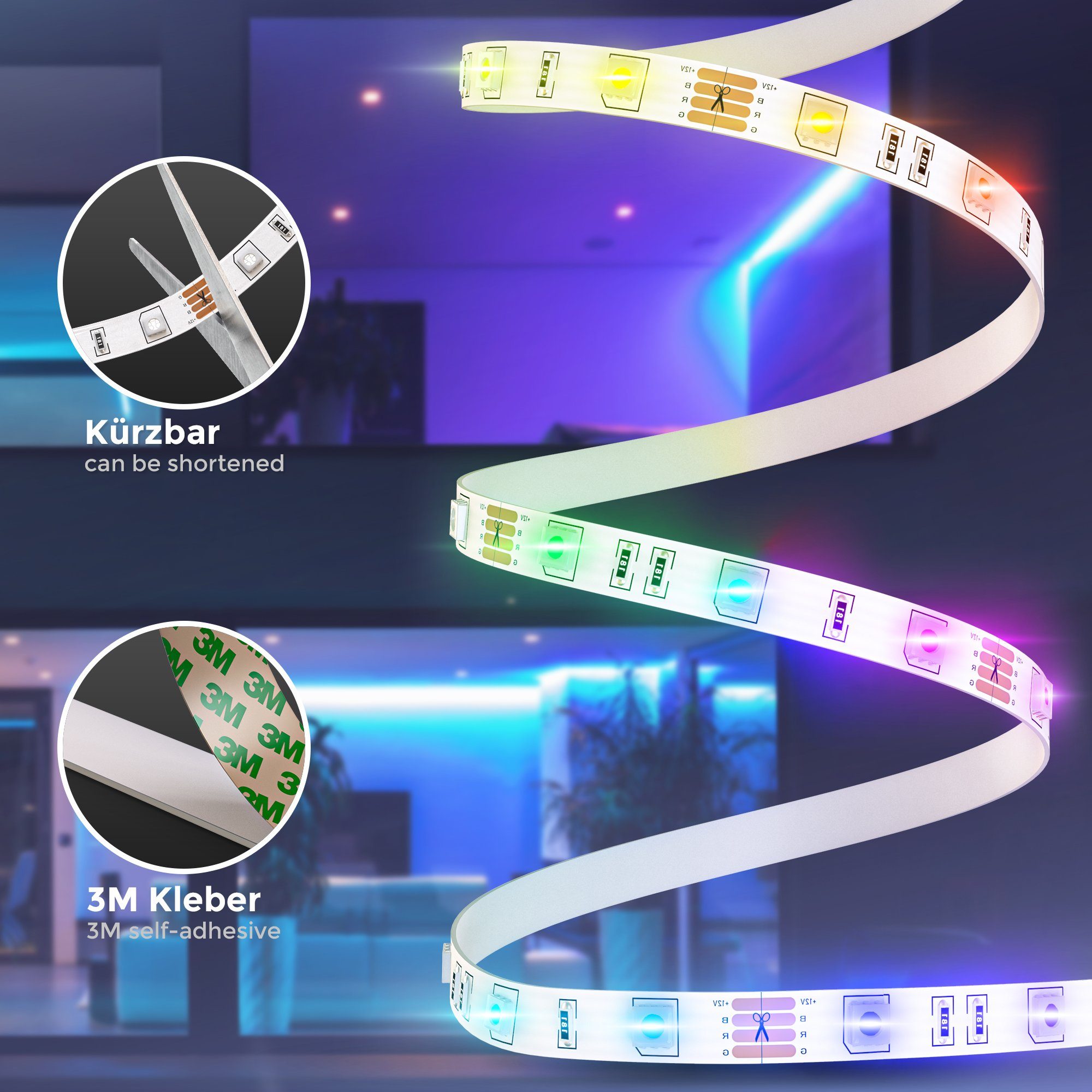 B.K.Licht LED-Streifen 3-10m LED Strip Licht-Band Leiste 230V RGB Farbwechsel dimmbar USB, 3m Licht-Streifen 90 LEDs 12W Fernbedienung Wohnzimmer Büro - BKL1426