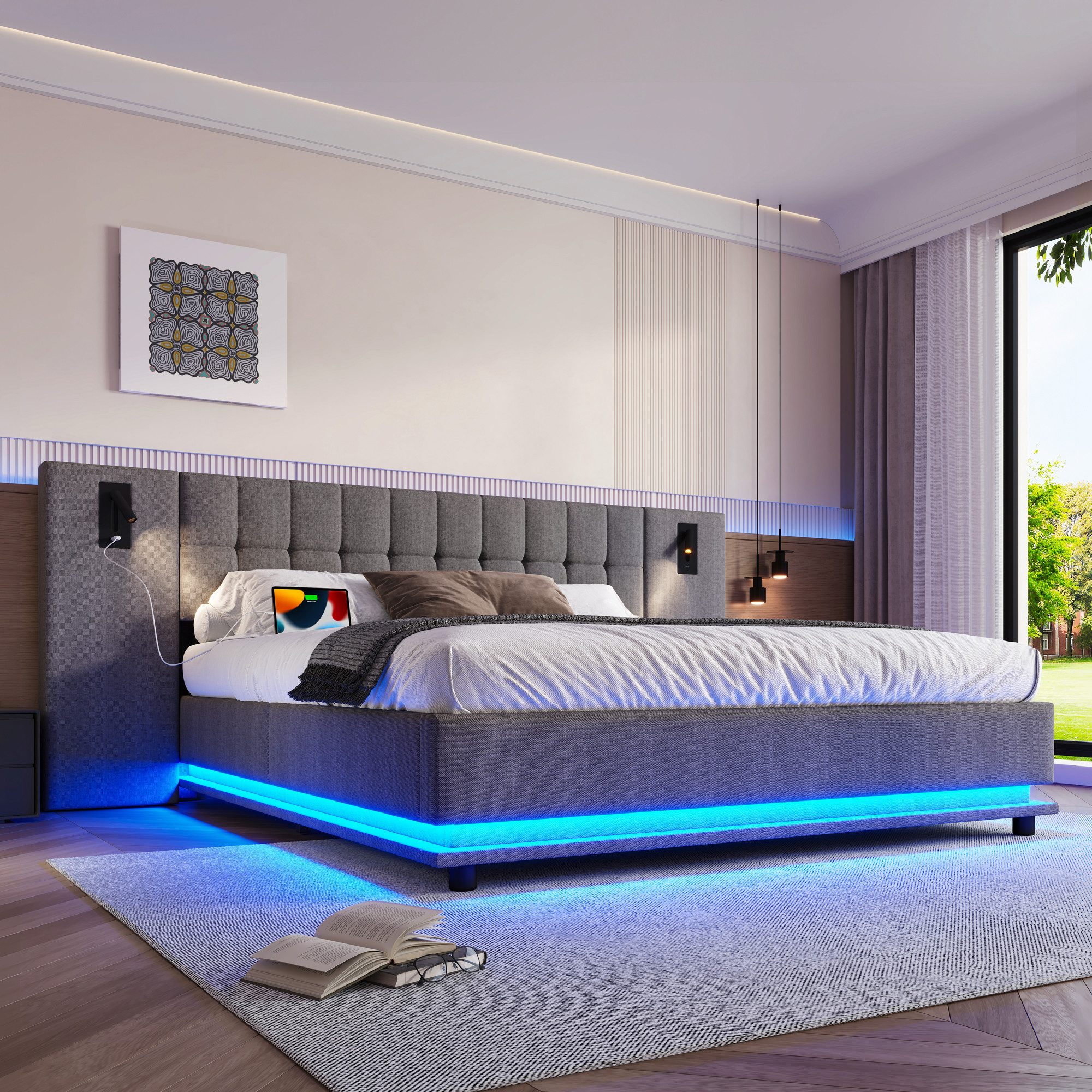 Flieks Polsterbett, Doppelbett 180x200cm mit breitem Kopfteil, LED-Leiste, günstig online kaufen