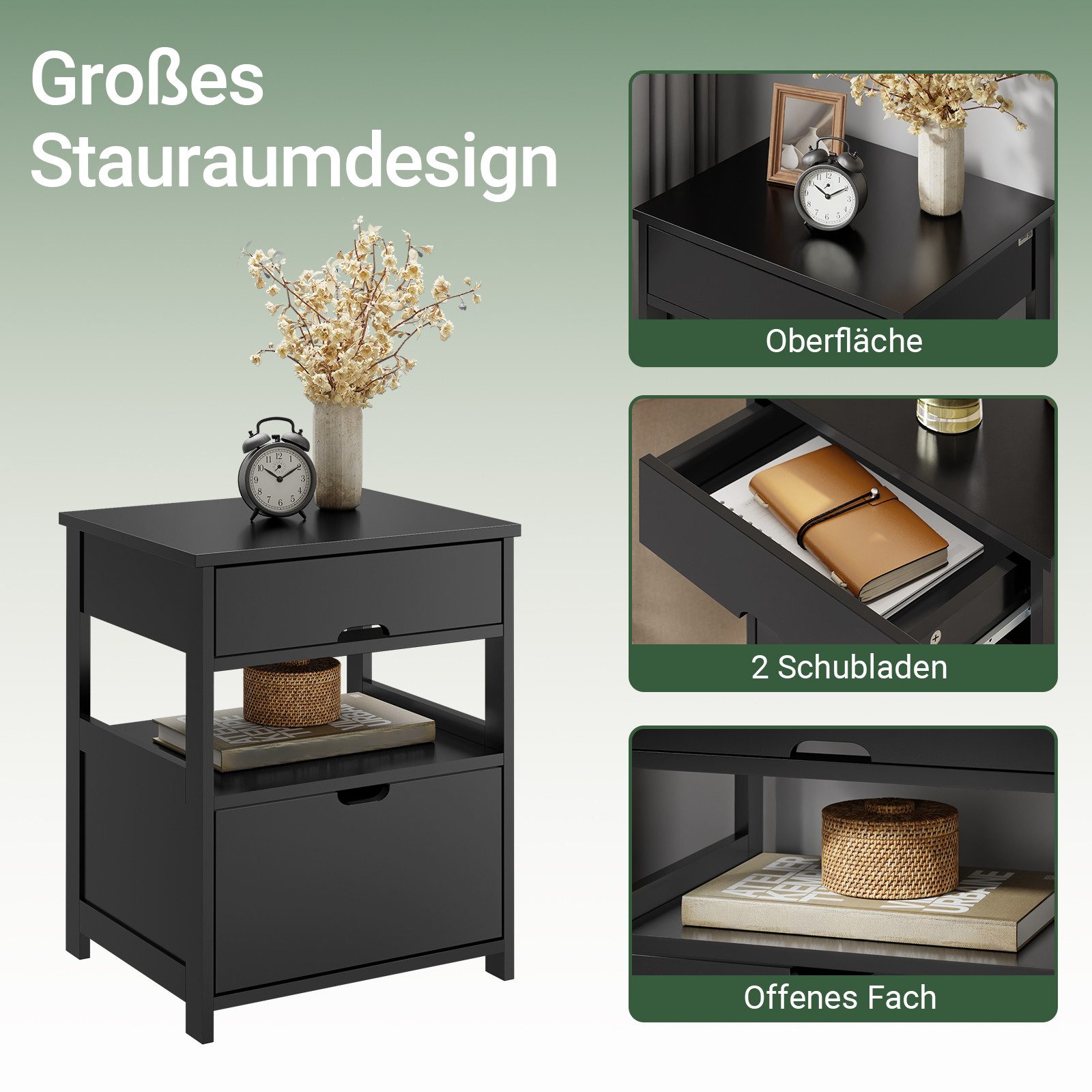 SoBuy Nachttisch FRG258, Nachtschrank Beistelltisch schmal, 2 Schubladen 2 Ablage, offenes Fach