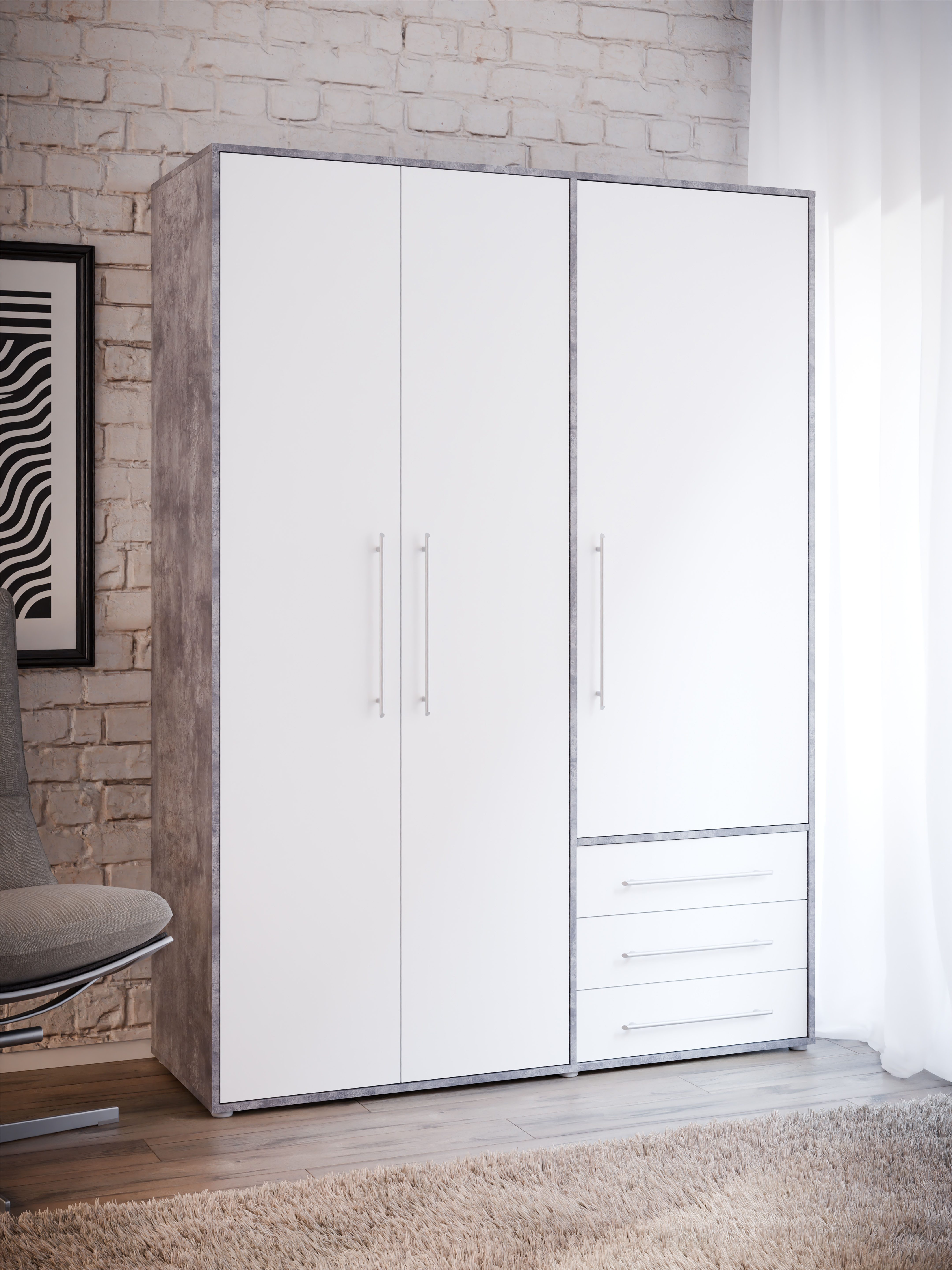 FORTE Drehtürenschrank Kleiderschrank,zeitloses Design,3 türig viel Stauraum, Schubladen, Stangengriffe, Made in Europe