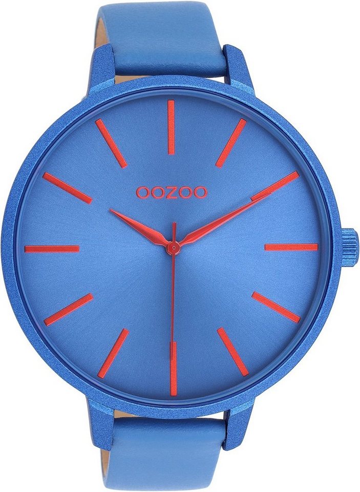 OOZOO Quarzuhr Oozoo Damen Armbanduhr Timepieces Analog, Damenuhr rund,  extra groß (ca. 48mm), Lederarmband blau, Fashion, Hochwertiges Miyota  Quarzlaufwerk. Batterietyp 377 (SR626SW)