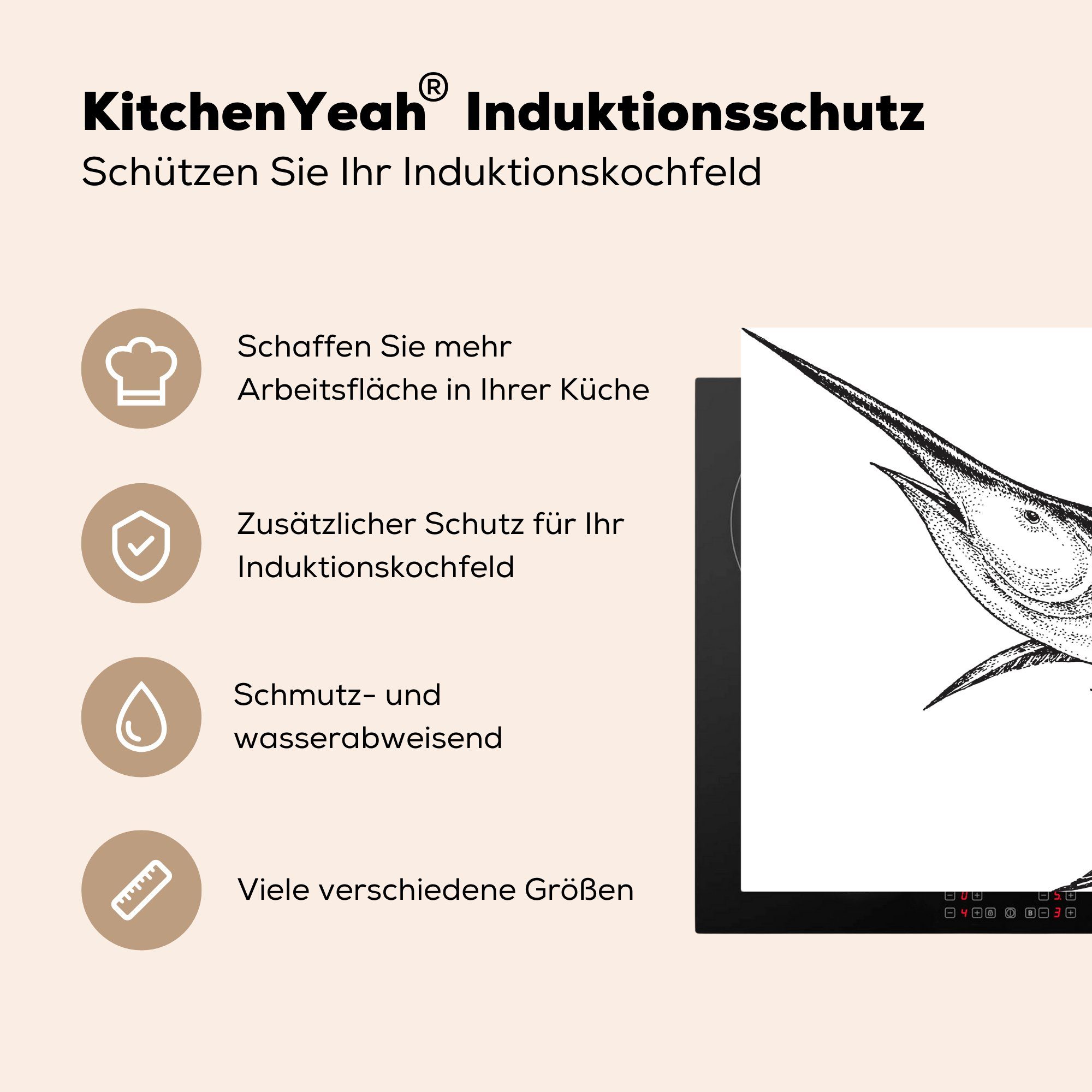 Herdblende-/Abdeckplatte Ceranfeldabdeckung Induktionskochfeld, (1 MuchoWow Illustration tlg), Induktionsschutz, Schwertfischs, cm, schwarz-weißen eines 57x51 Vinyl, Eine