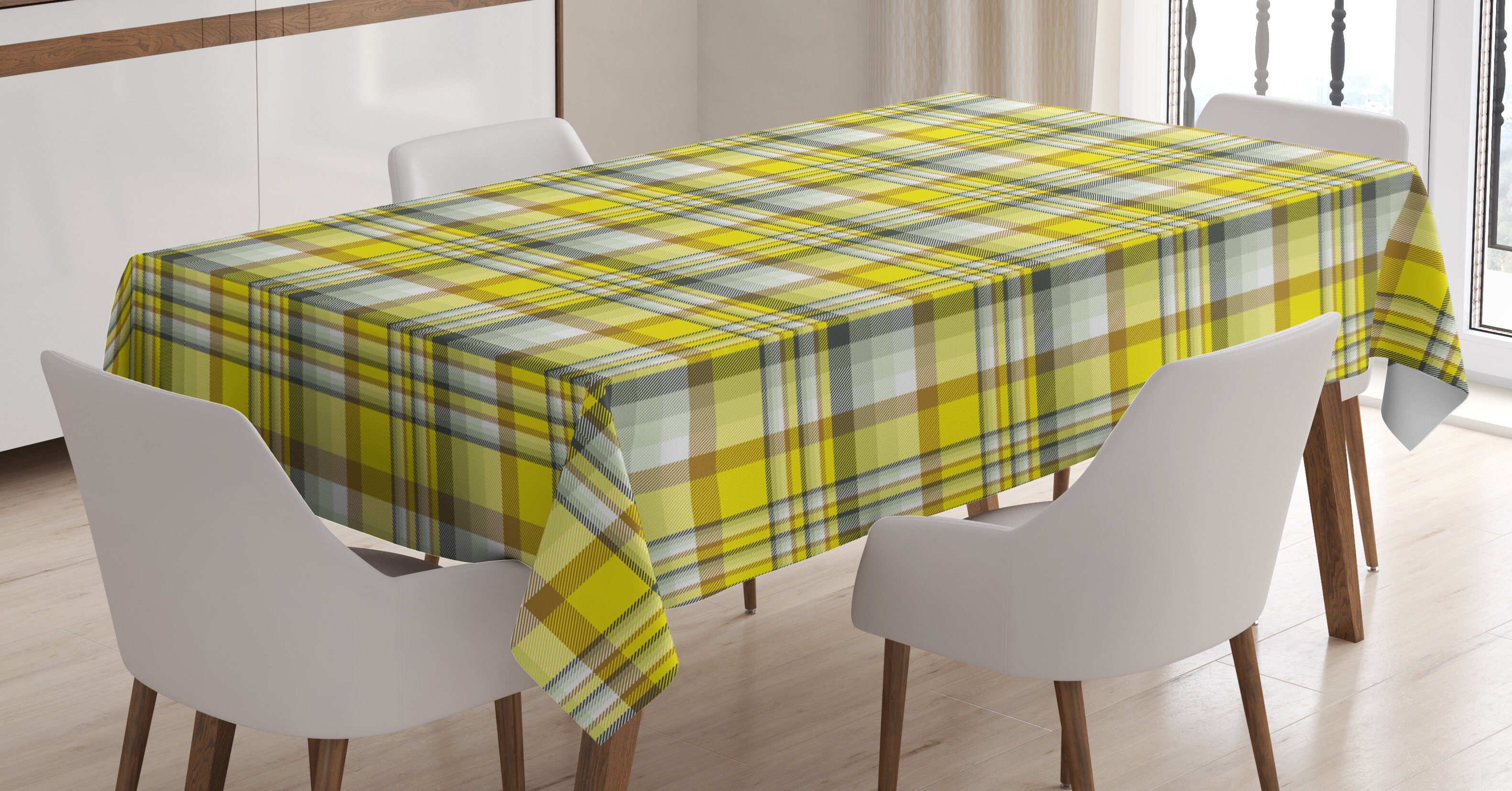 Abakuhaus Tischdecke Farbfest Waschbar Für den Außen Bereich geeignet Klare Farben, grau Gelb Vibrant Madras Plaid