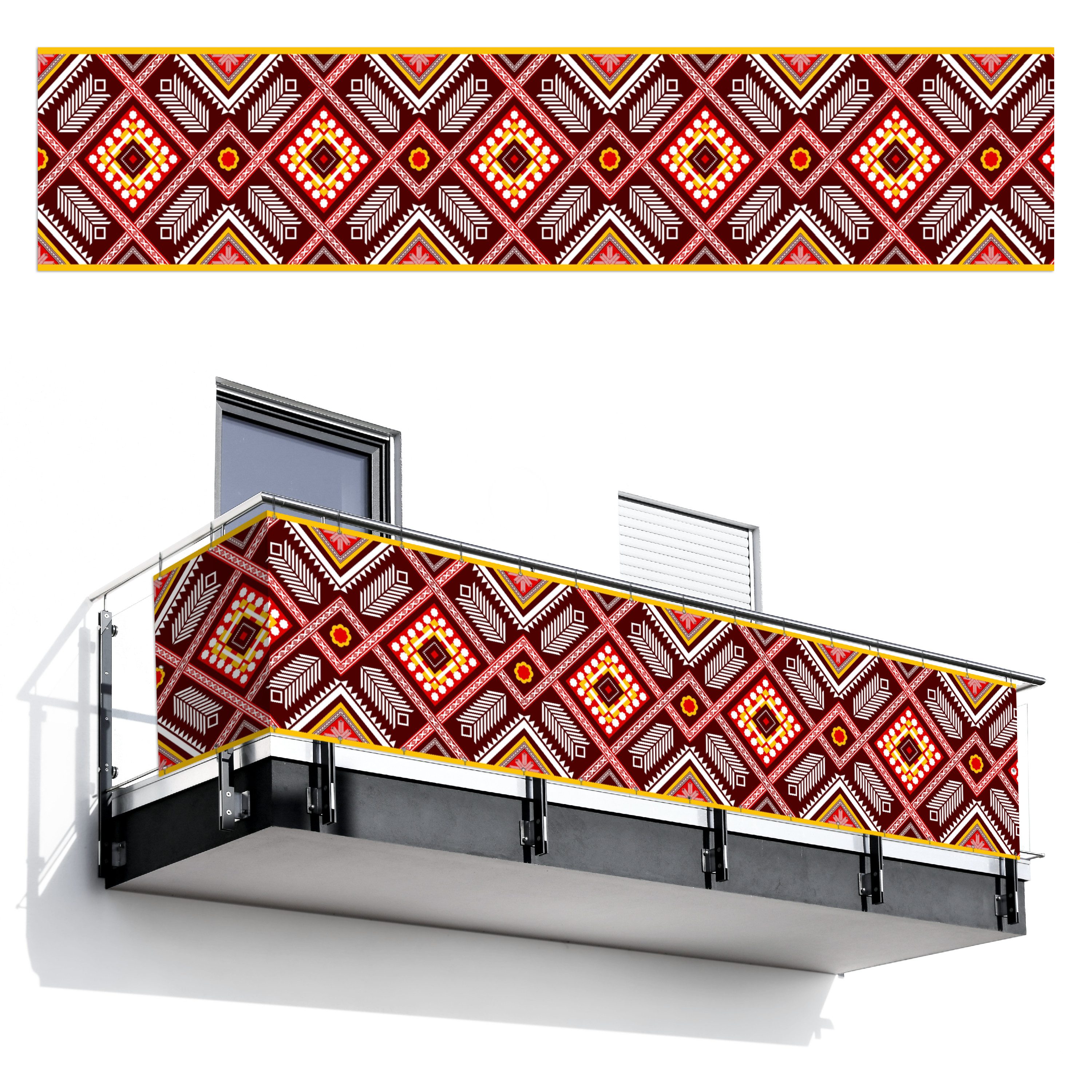 MuchoWow Balkonsichtschutz Muster - Rot - Gelb - Weiß (1-St) Sichtschutz Matte Balkon Außen, Terrassen Sonneschutz, 500x110 cm