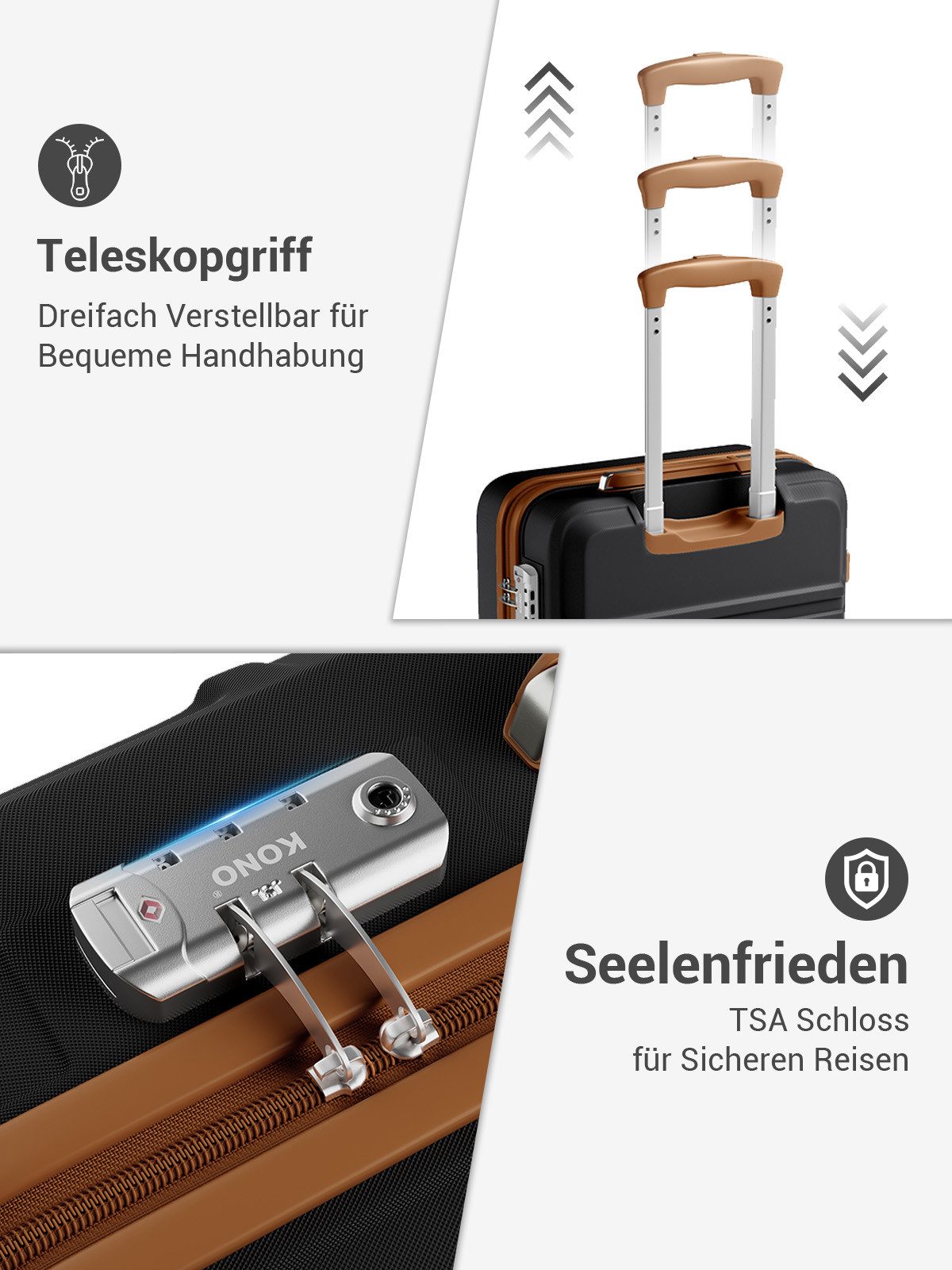 KONO Handgepäckkoffer - NUR 15 Zoll mit abnehmbaren Rollen, Leichter Kabinenkoffer (ABS+PC)