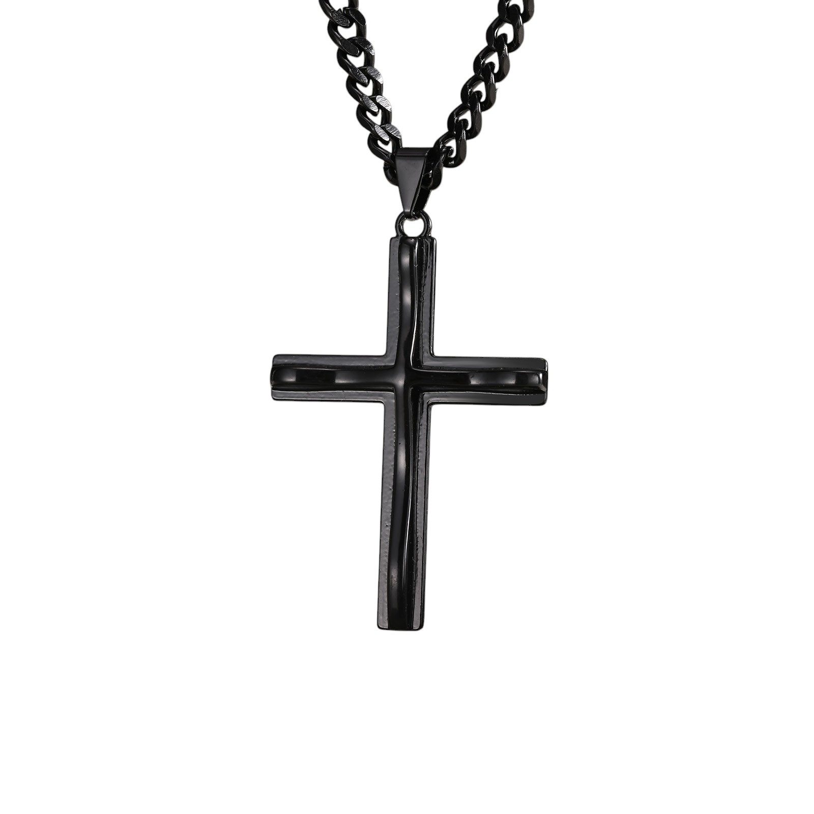 KARMA Kette mit Anhänger Halskette mit Kreuz Schwarz Herren Edelstahl 60 cm (Geschenk für Ihn, Männer Herrenhalskette), Herrenschmuck Edelstahlkette