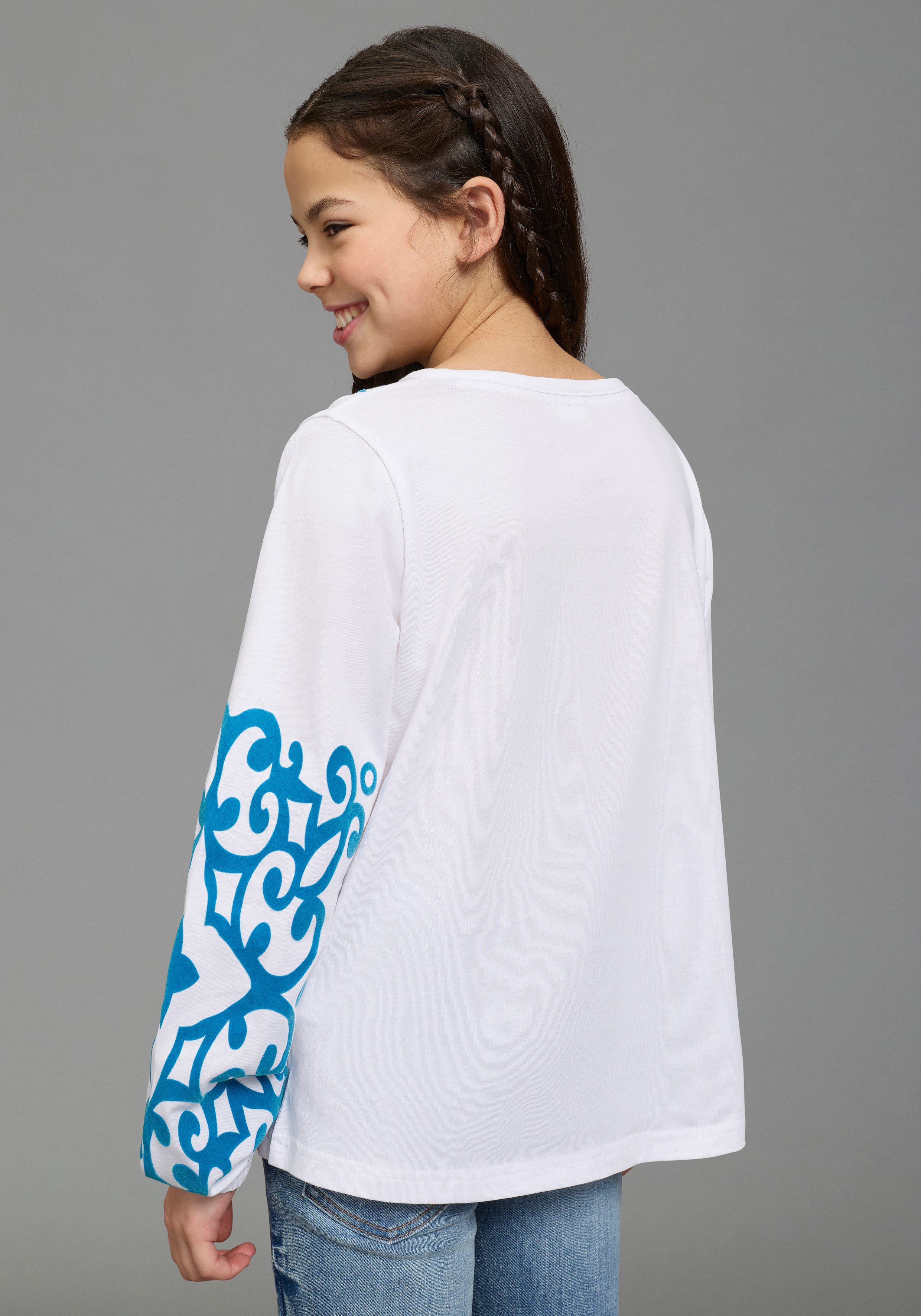 KangaROOS Langarmshirt Kangaroos Tunika-Shirt mit aufwendigem Flock Druck mit V-Ausschnitt, Ärmel mit innenliegendem Gummizug, aus Baumwolle
