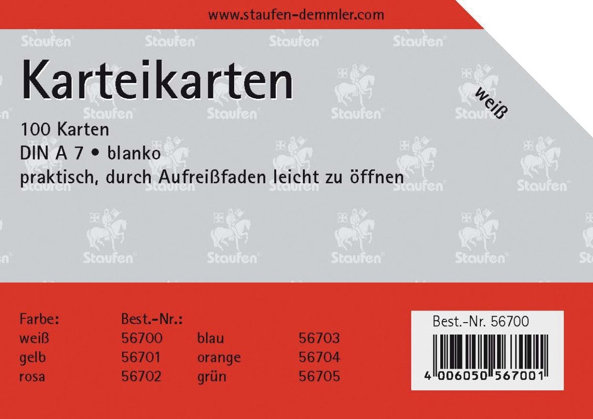 Staufen Karteikarten Karteikarten A7 blanko 180g/qm weiß VE=100 Stück (40 Stück)