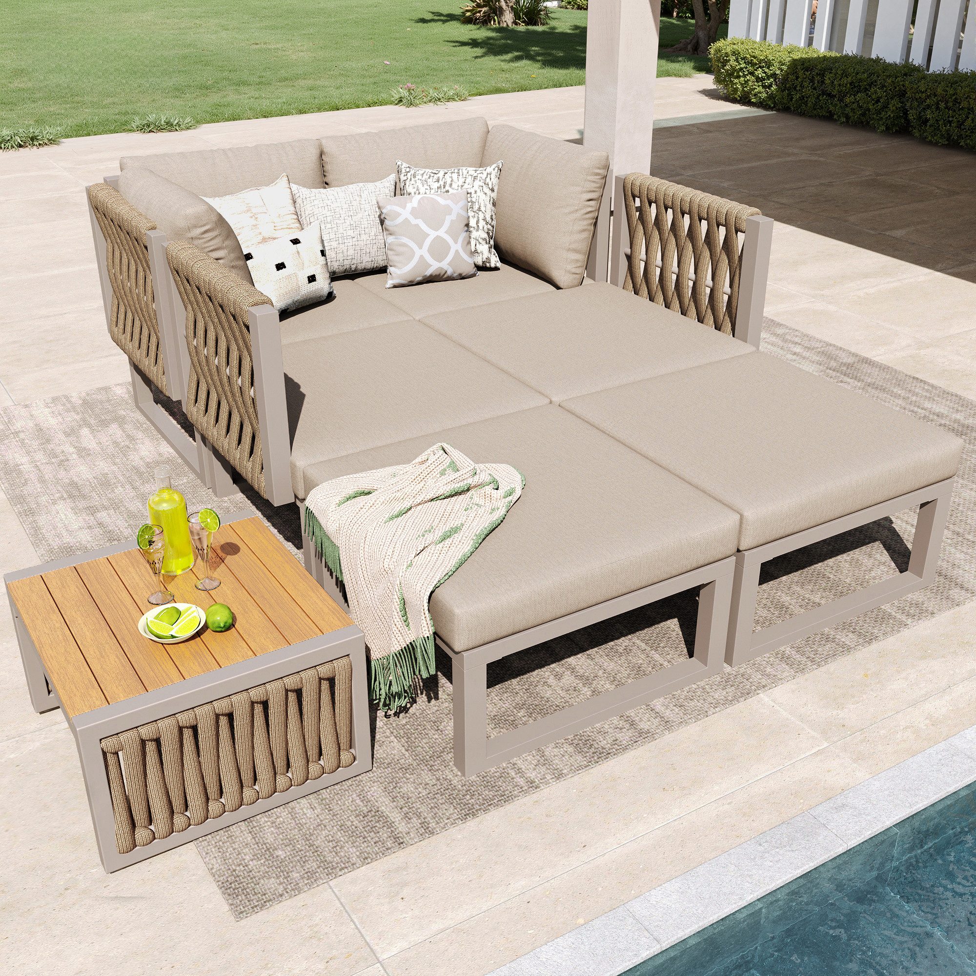 Flieks Gartenlounge-Set, 6-Sitzer Gartenmöbel mit verstellbarem Rückenlehnenwinkel, frei ordnen