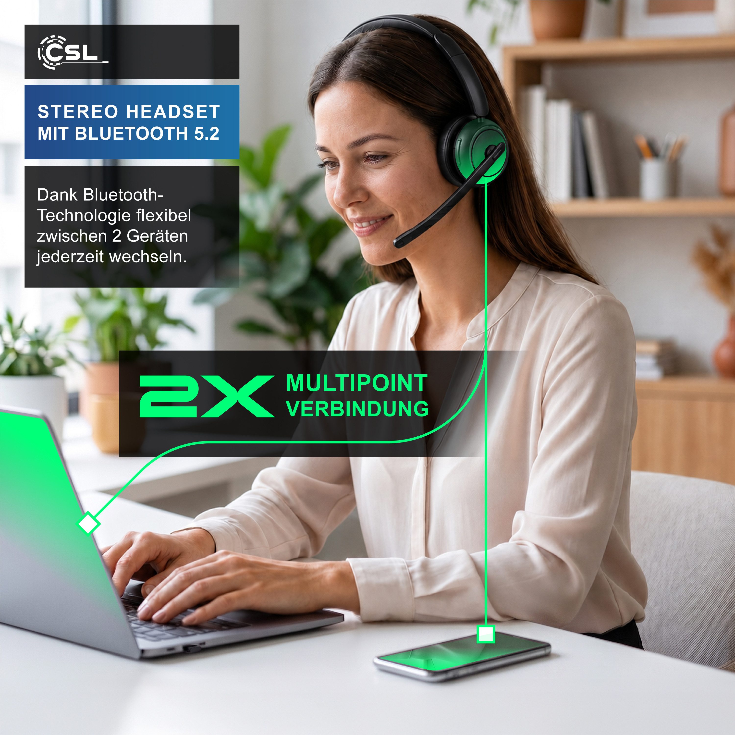 CSL Bluetooth 5.2, Headset kabellos mit Ladestation, 40 h Laufzeit Wireless-Headset (Freisprechfunktion, Sprachassistent, A2DP Bluetooth, Bluetooth, 2,4 Ghz, Multifunktionstaste, Dual Connectivity, Multipoint)