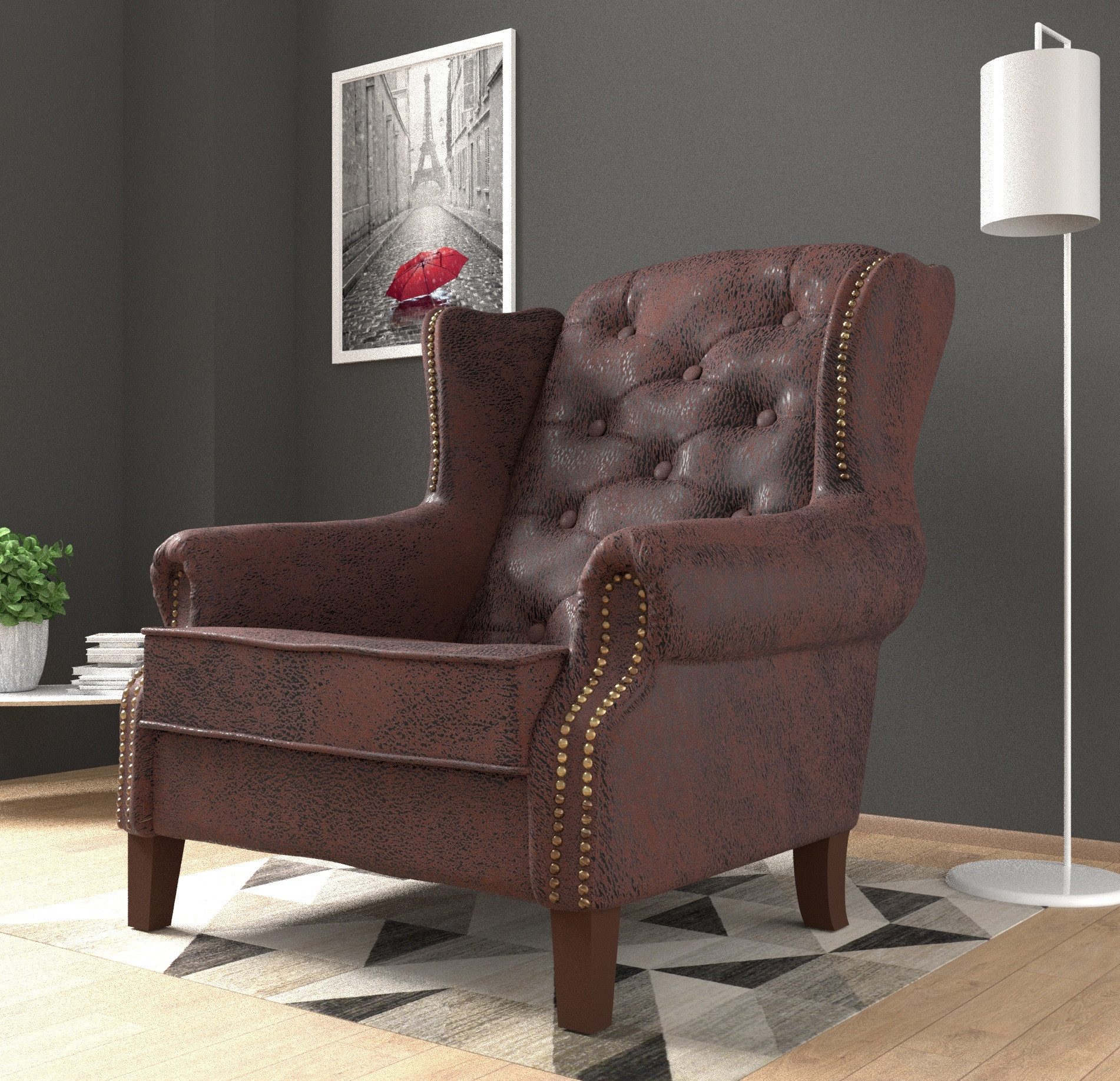 S-Style Möbel Ohrensessel Luzern, Chesterfield mit Steppung und Holzfüßen, mit Wellenfederung