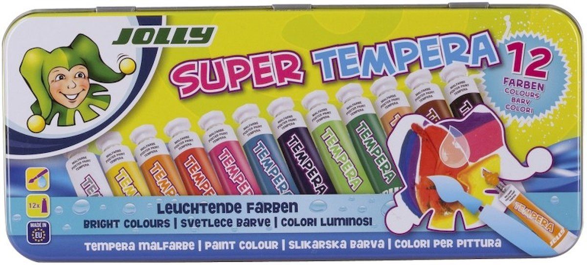 JOLLY Temperafarbe Tempera Farben, 12 verdünnbare Flüssigfarben (12x7,5ml), in komfortabler Metallbox