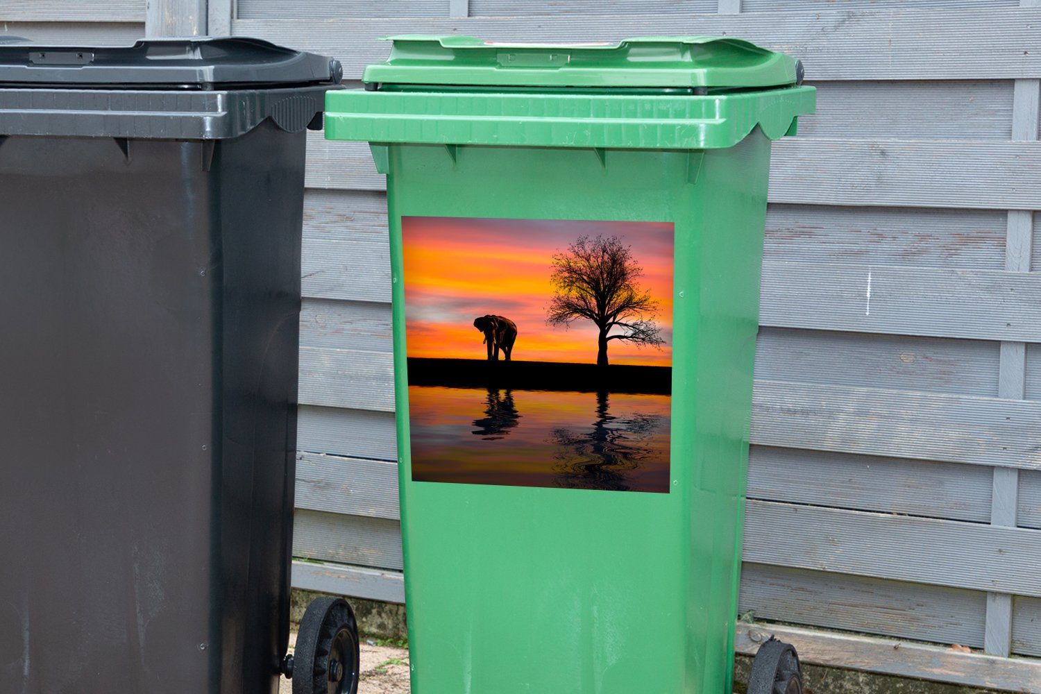 und Wandsticker Container, (1 Sonnenuntergang St), Abfalbehälter Mülltonne, Mülleimer-aufkleber, Sticker, MuchoWow Elefant