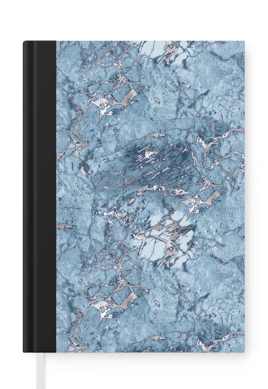 MuchoWow Notizbuch Blau - Silber - Marmor - Muster, Journal, Merkzettel, Tagebuch, Notizheft, A5, 98 Seiten, Haushaltsbuch | Notizbücher