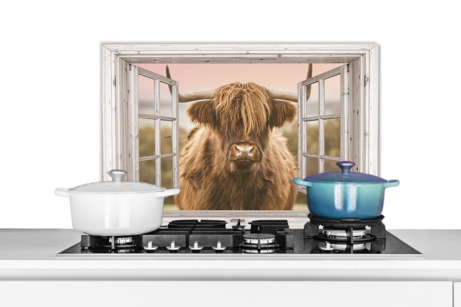 MuchoWow Küchenrückwand Schottischer Highlander - Ansicht - Pastell, (1-tlg), 60x40 cm, Herdblende aus Wandschutz, Temperaturbeständig küchen