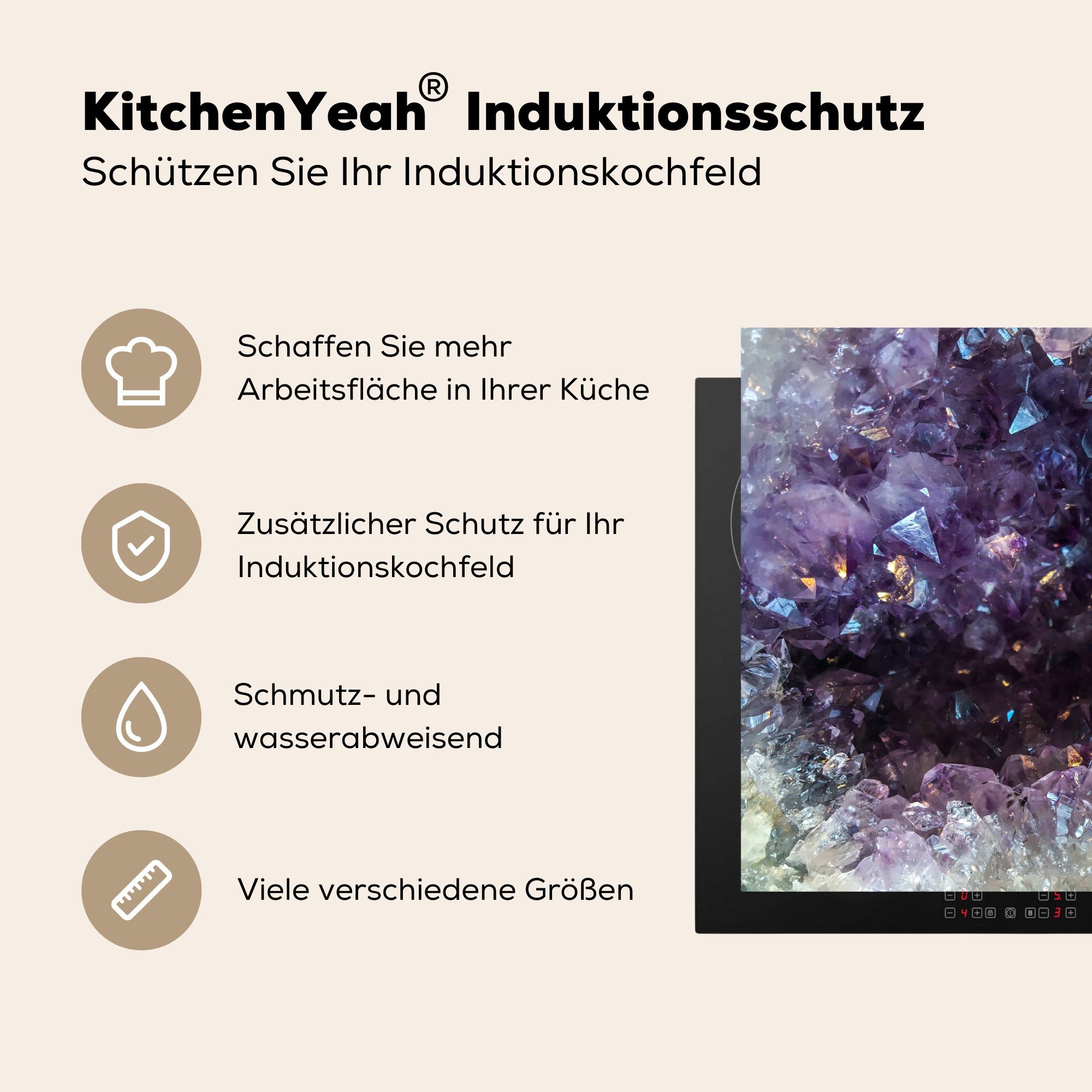 (1 cm, Ceranfeldabdeckung Mobile 70x52 nutzbar, Vinyl, Herdblende-/Abdeckplatte tlg), Arbeitsfläche Amethyst-Edelstein, MuchoWow