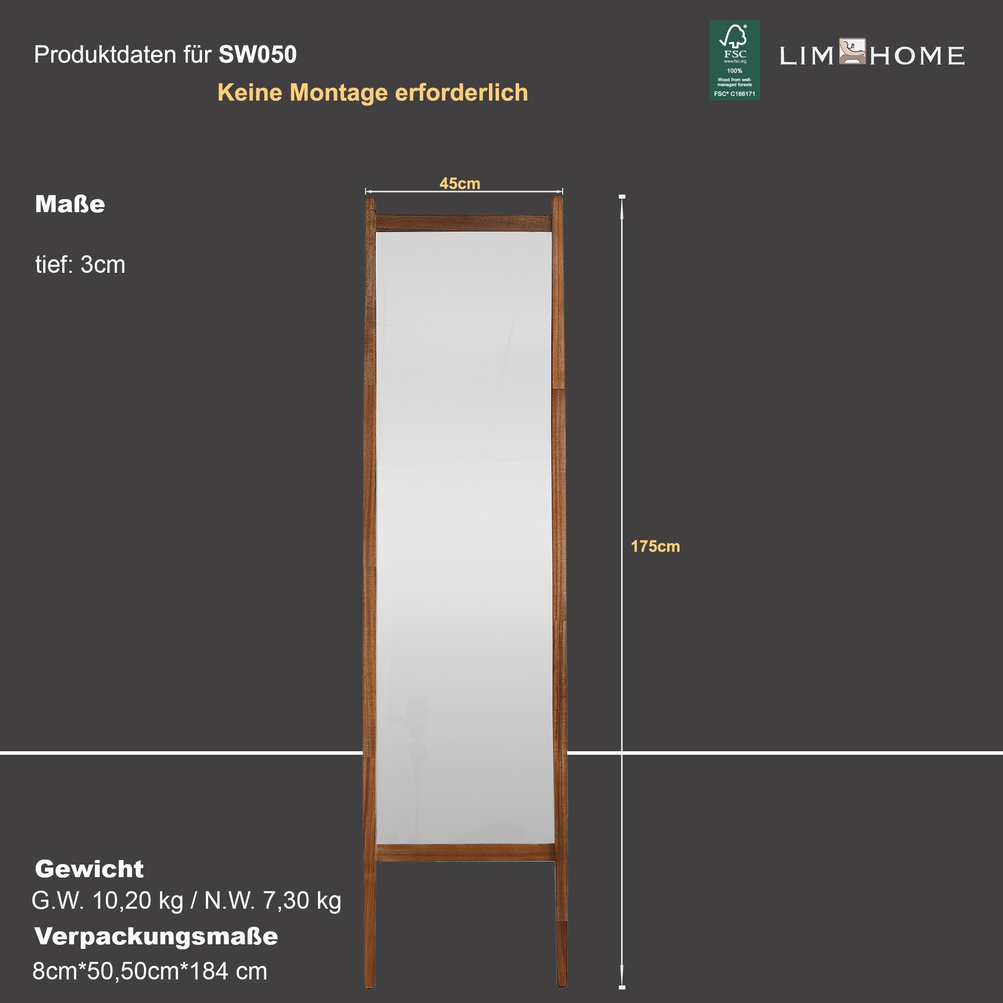 LIM HOME Ganzkörperspiegel SW050 (Packung, 1-St), Erstklassiger massiver Ho günstig online kaufen