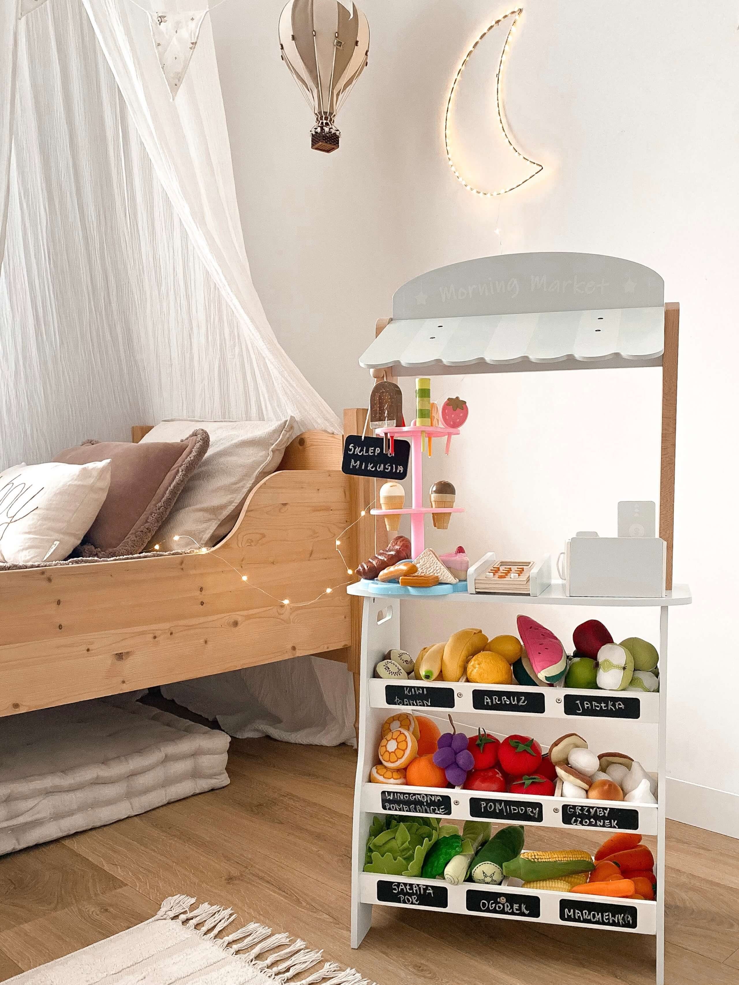 Mamabrum Kaufladen Gemüsestand aus Holz -Komplettes Spielset mit Kasse und Zubehör