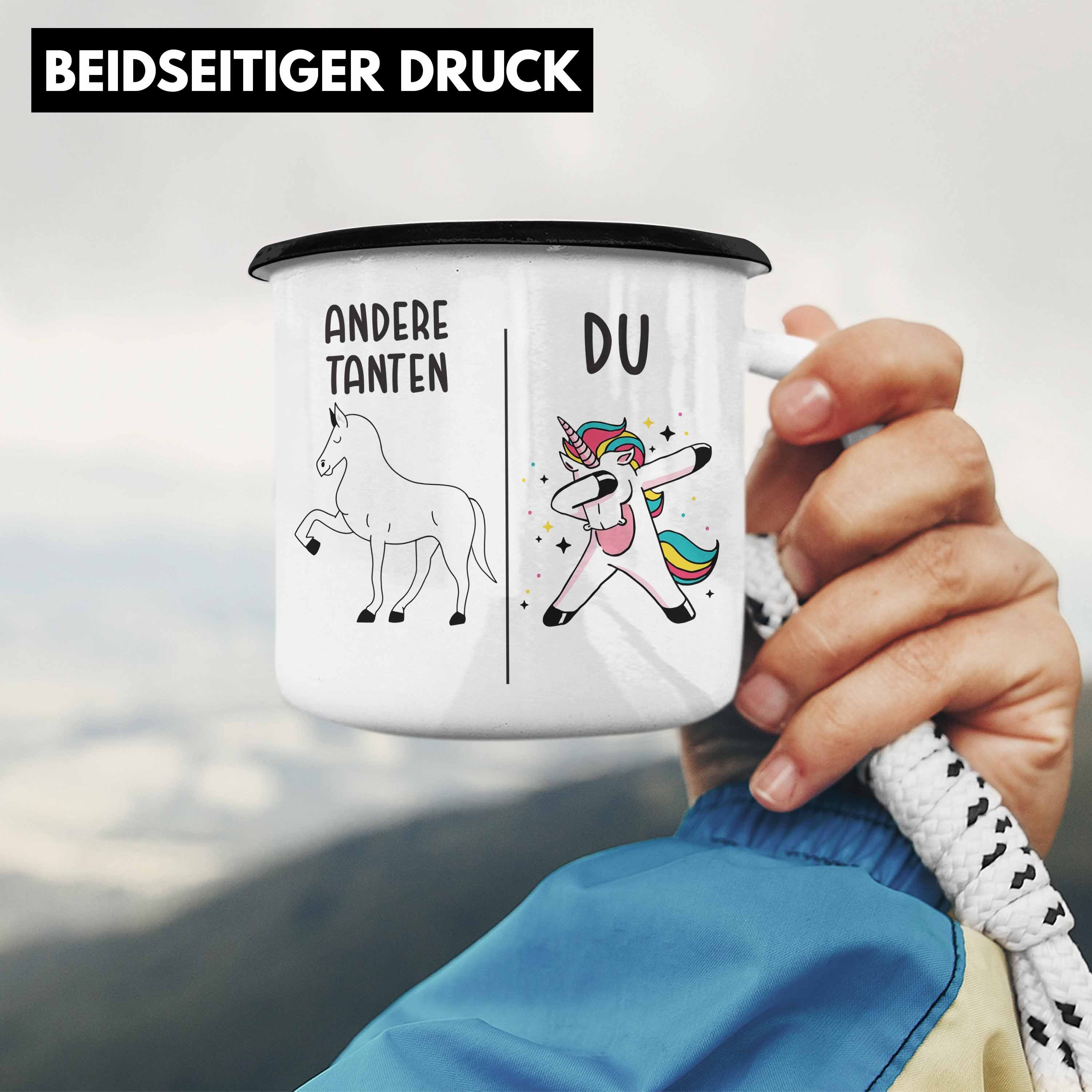 Trendation Trendation Tante Beste KaffeeEmaille Tasse Geschenk Tasse - Emaille Tante Schwarz mit Thermotasse Spruch für