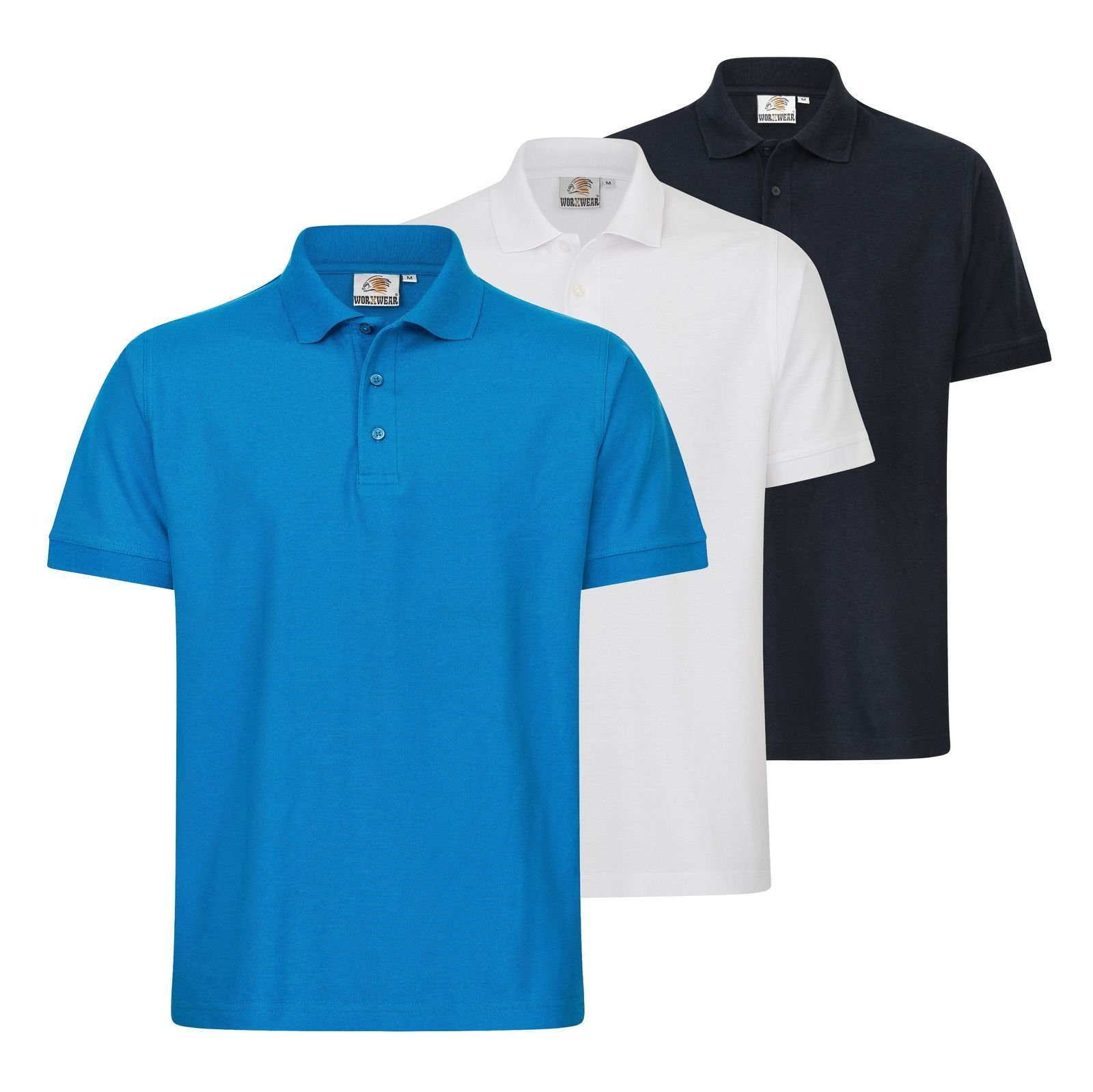 WORXWEAR Poloshirt Poloshirt < 3er-Pack) 5% blau, dunkelblau, (Spar-Set, mit weiß strapazierfähiges Einlaufwert Herren
