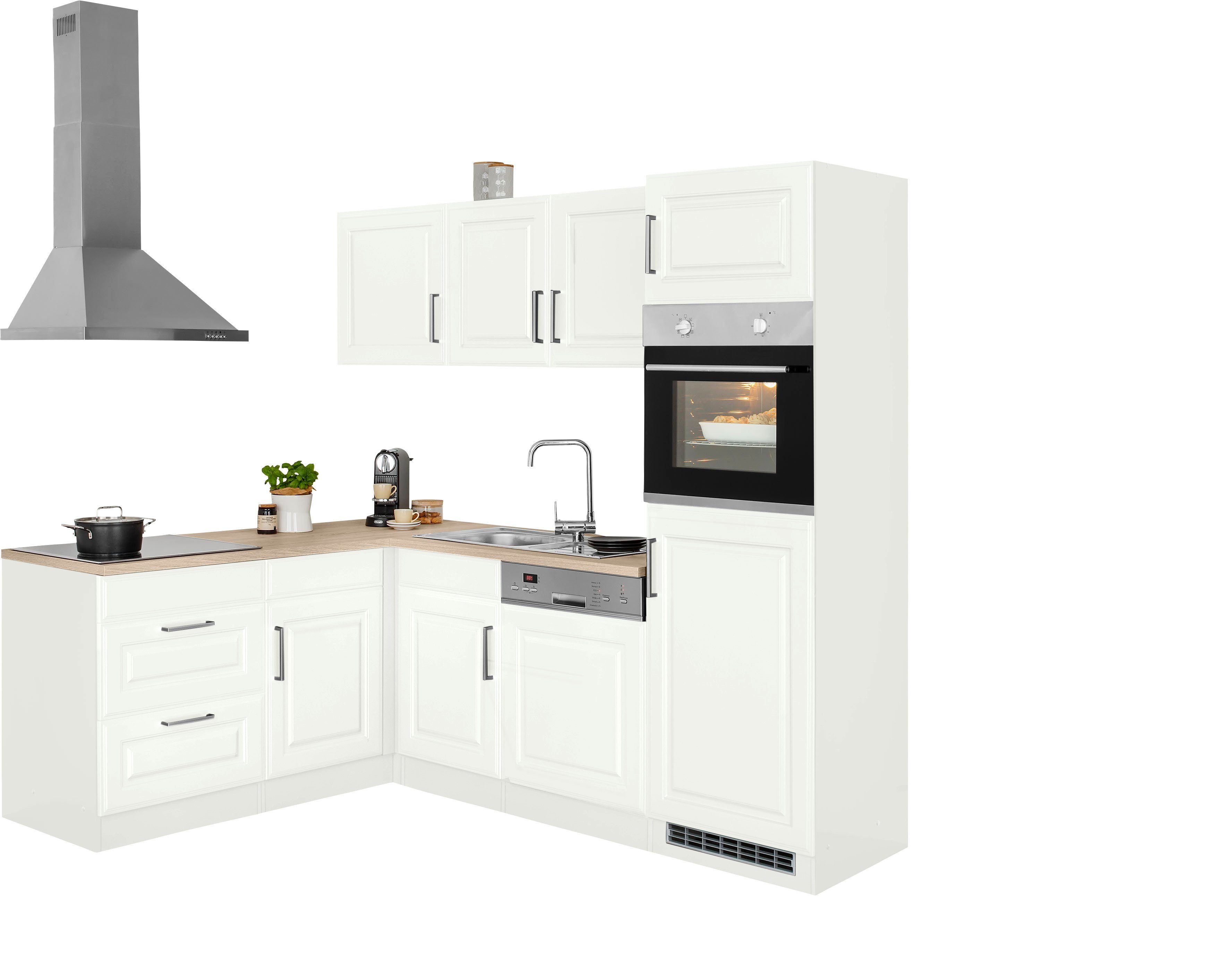 KOCHSTATION Winkelküche KS-Stockholm – Küche mit hochwertiger und detailreicher Landhausfront, Stellbreite 230x170 cm, wahlweise mit E-Geräten, MDF-Fronten