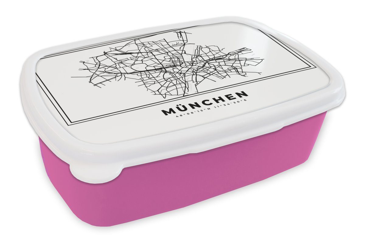 MuchoWow Lunchbox Karte - Stadtplan - München - Deutschland - Schwarz-Weiß, Kunststoff, (2-tlg), Brotbox für Erwachsene, Brotdose Kinder, Snackbox, Mädchen, Kunststoff rosa