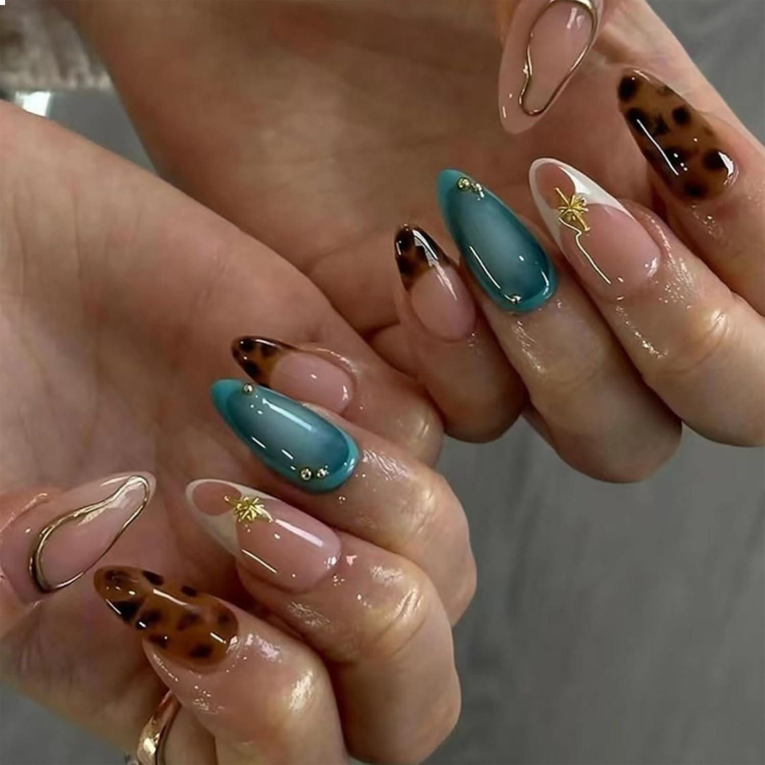 Kunstfingernägel 24tlg. Mittel Mandel Leopard Design Gold Blau Kunstnägel