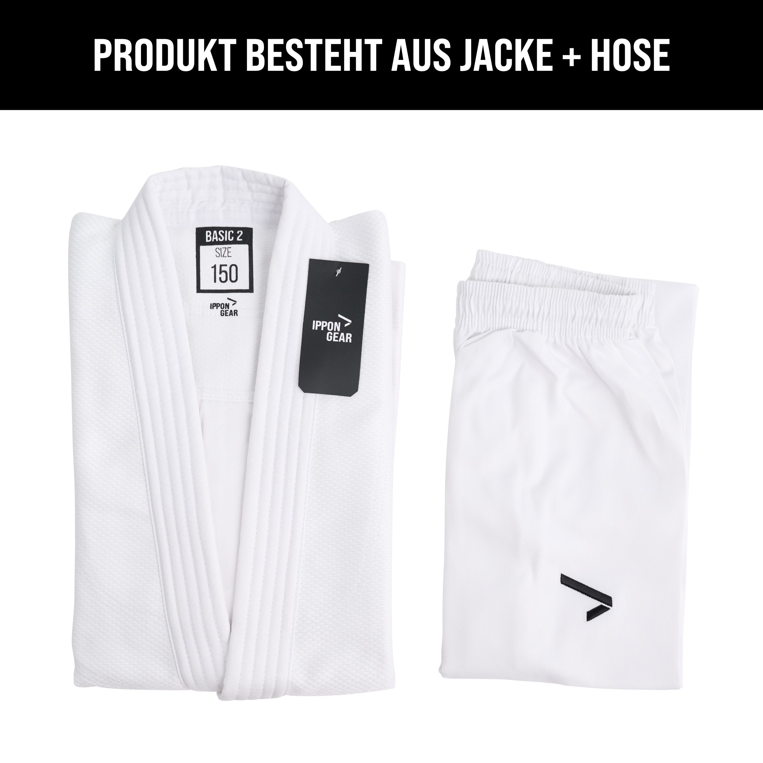IPPONGEAR Judoanzug Basic 2 (Gummizug & Schnürband), Einsteiger & Kinder Judoanzug I 550gr/m² weiß