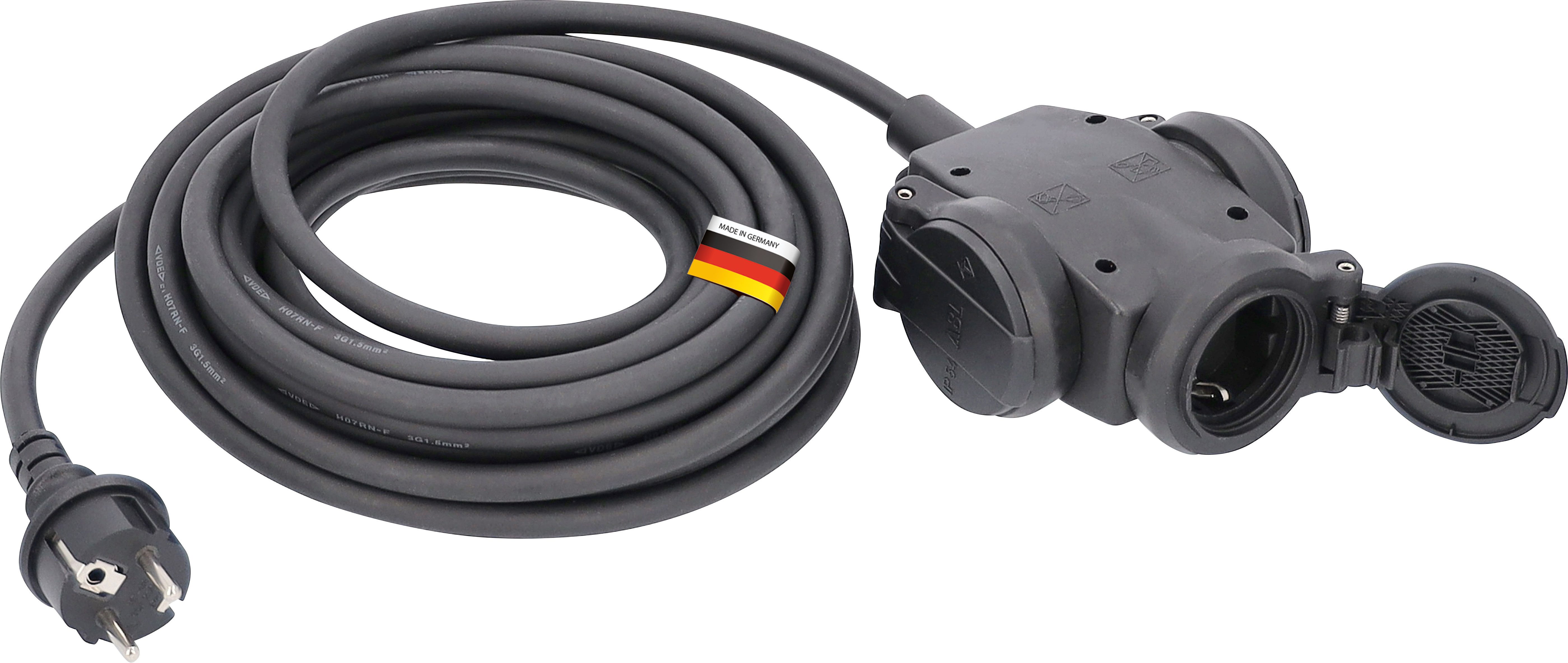 as - Schwabe Verlängerungsleitung 3-fach Kupplung Schuko IP44 Verlängerungskabel, Typ F (Schuko), 3x Typ F (Schuko) (1000 cm), für den ständigen Einsatz im Außenbereich