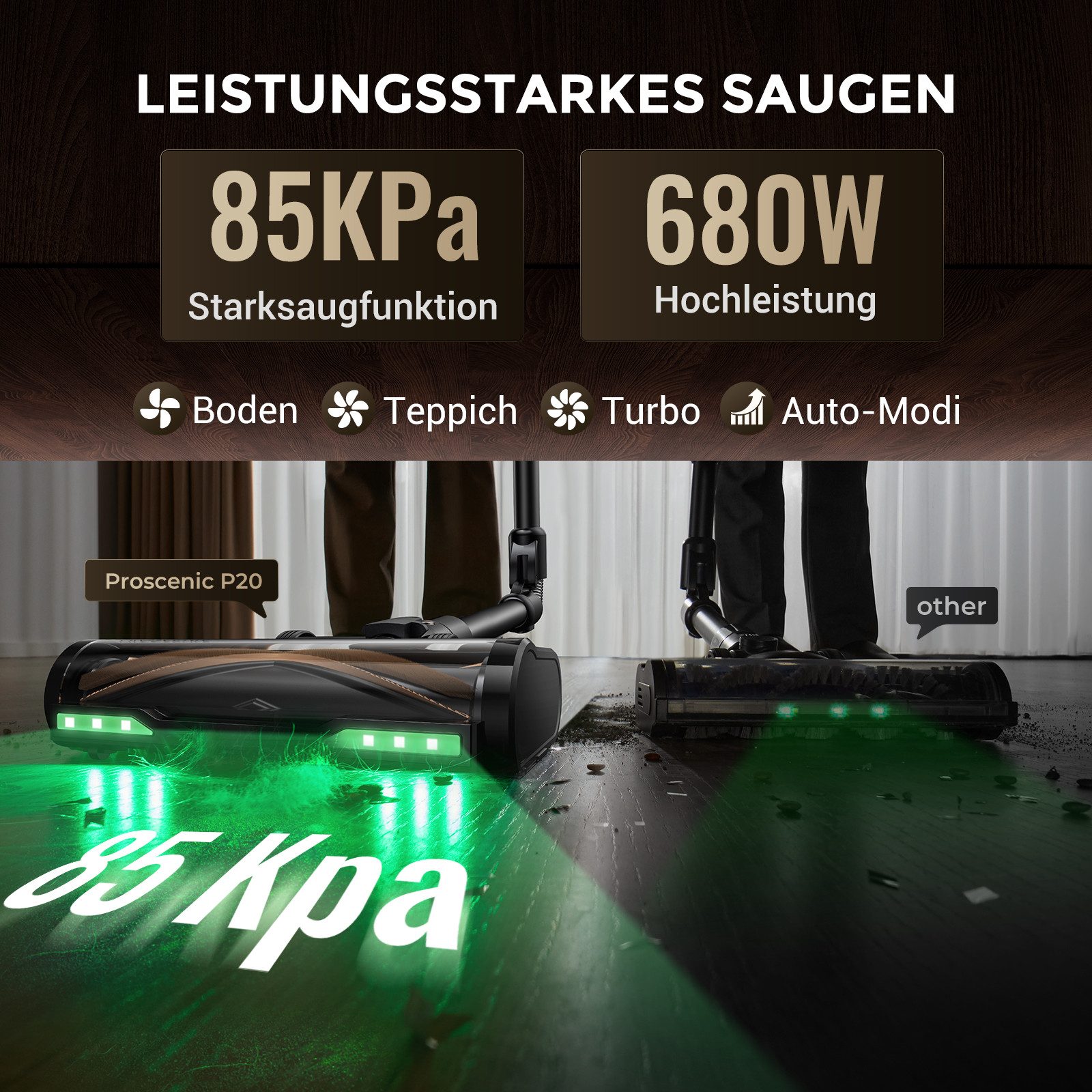 Proscenic Akku-Hand-und Stielstaubsauger kabellos, All in 1,85000PA/680W/70Min, Teppicherkennung, 680 W, beutellos, Klappstange, zur Reinigung unter niedrigen Möbeln