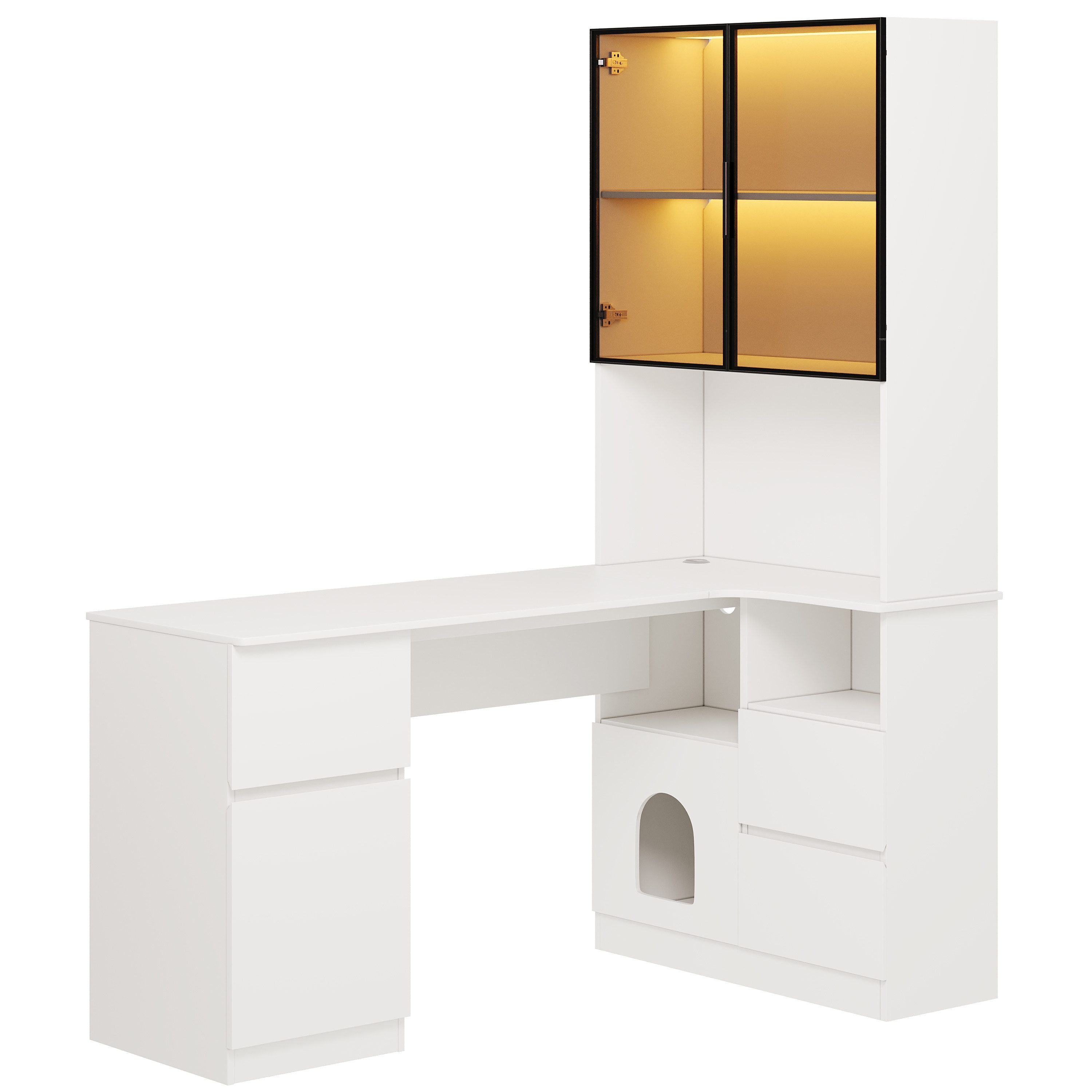 Flieks Eckschreibtisch 2-in-1 Hochschrank mit LED und Glastüren & L-förmig Arbeitstisch (1-St., Tischmaße: 120x45x76 cm, Schrankmaße: 80x30x180 cm), Regal-Schreibtisch Computertisch inkl. Glasvitrine/Bücherregal Weiß