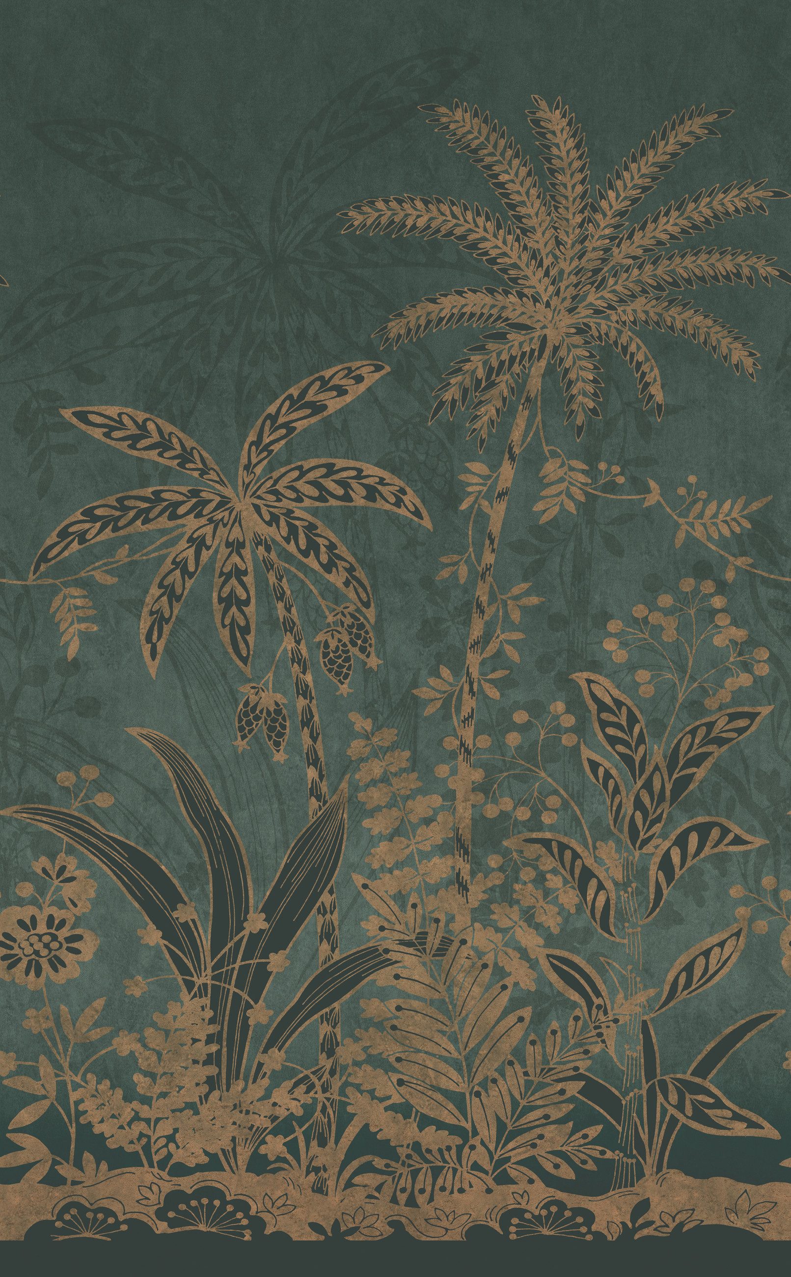 Rasch Fototapete Palmen, tropische Blätter in Gold und Grün - 3,00m x 2,00m, glatt, Palmen, exotisch, Dschungel, tropisch, botanisch, (1 St), Dschungel