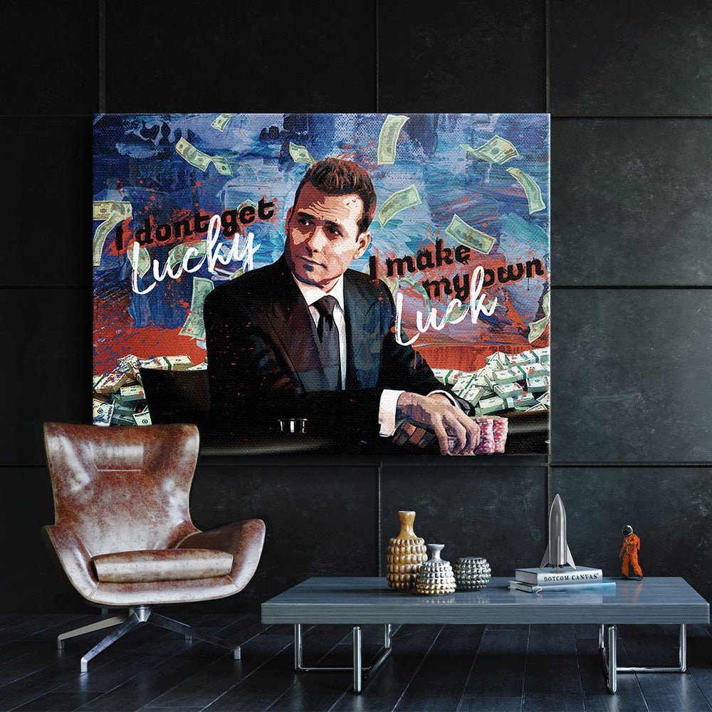 DOTCOMCANVAS® Leinwandbild, Wandbild Motivationswandbild I Rahmen goldener Harvey Specter Suits luck my make own