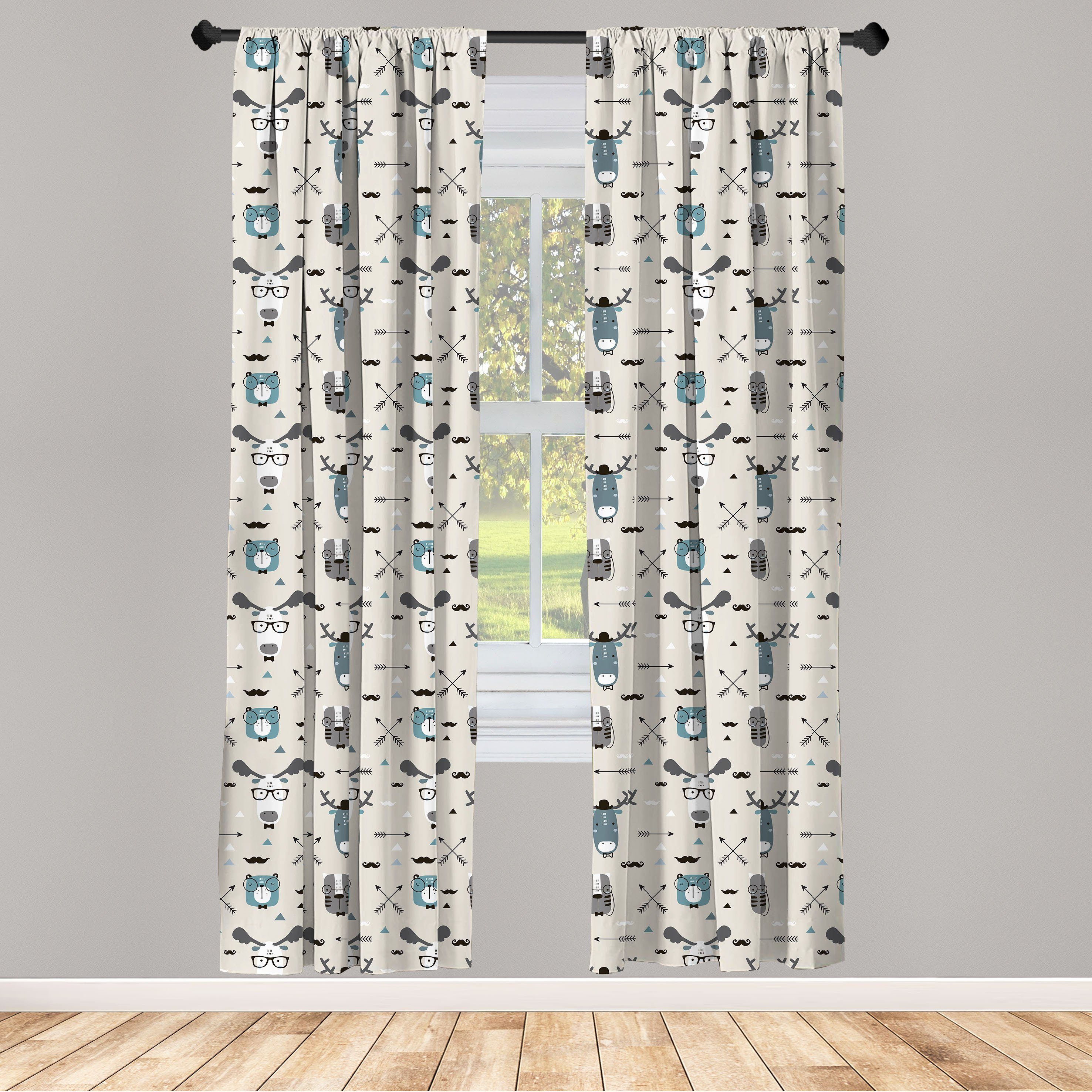 Gardine Vorhang für Wohnzimmer Schlafzimmer Dekor, Abakuhaus, Microfaser, Gekritzel Childish Reindeer Heads Kunst | Fertiggardinen