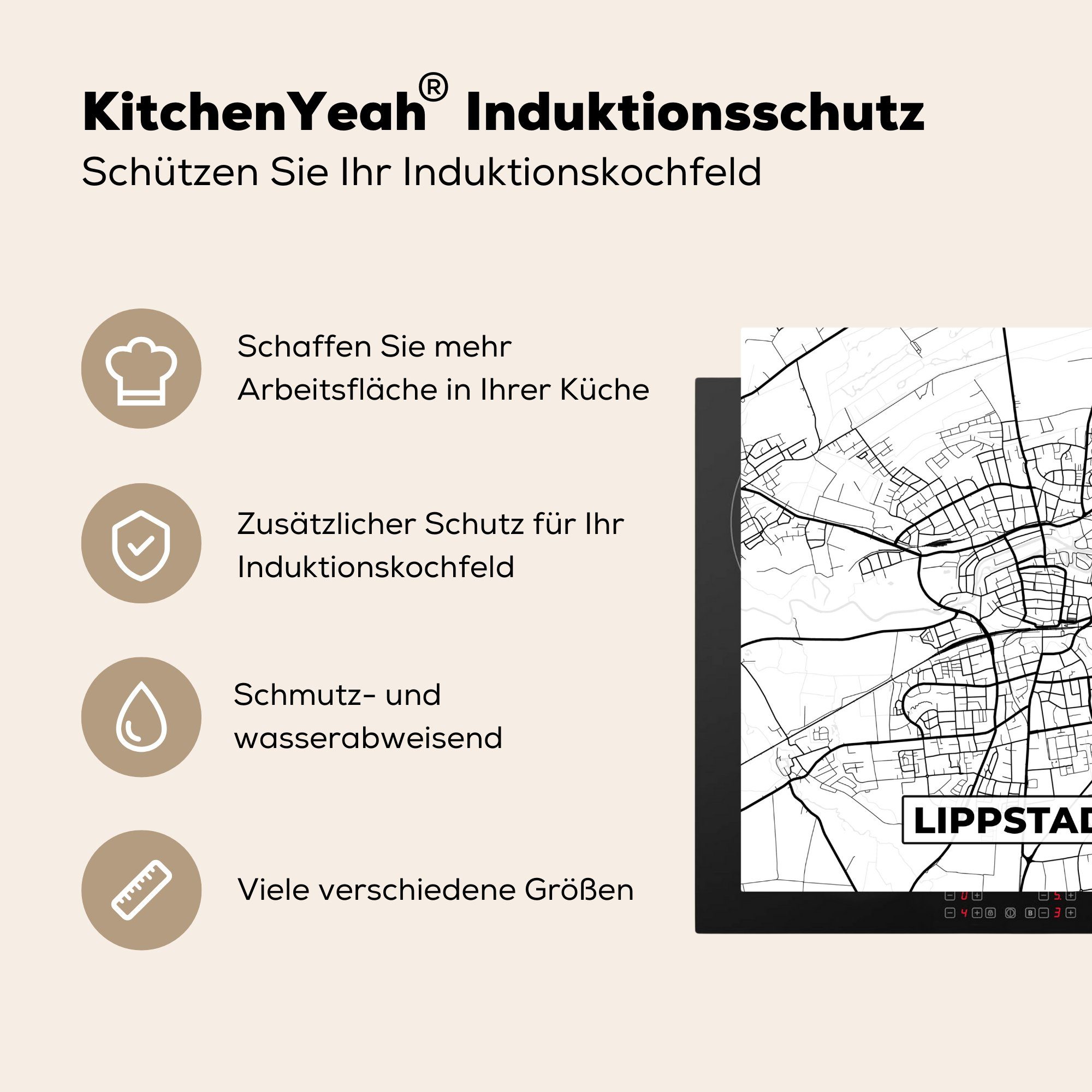 Arbeitsplatte 78x78 (1 Stadtplan, Lippstadt Herdblende-/Abdeckplatte - - für küche Karte MuchoWow Vinyl, - Karte tlg), Ceranfeldabdeckung, cm,