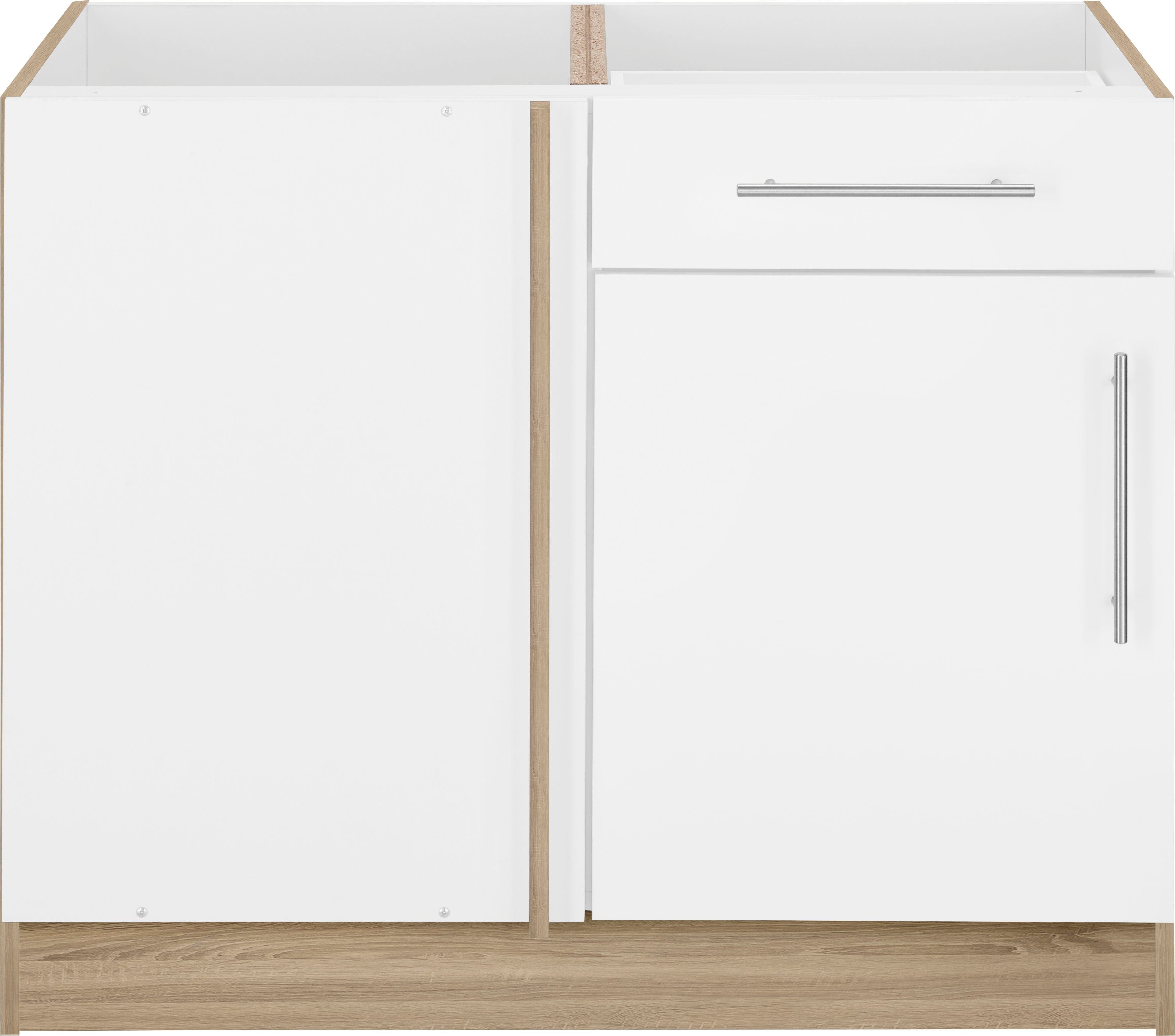 wiho Küchen Eckunterschrank Cali 100 cm breit, Planungsmaß 110 cm, ohne Arbeitsplatte Front: Weiß matt, Korpus: Sonoma eichefarben | Eichefarben