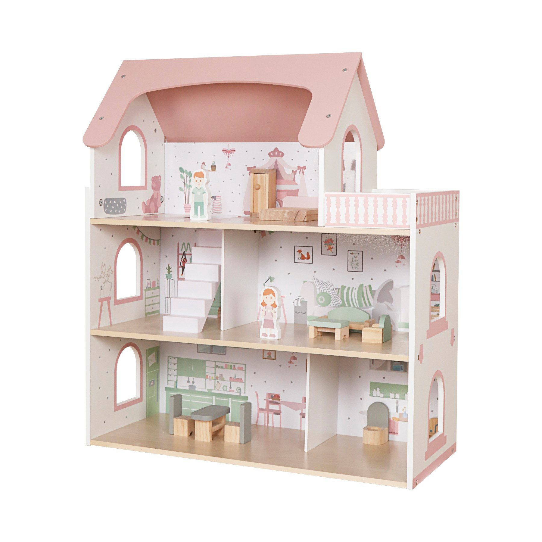 TikTakToo Puppenhaus Holzpuppenhaus Rosa mit 14-teiligem Zubehörset, Förder günstig online kaufen