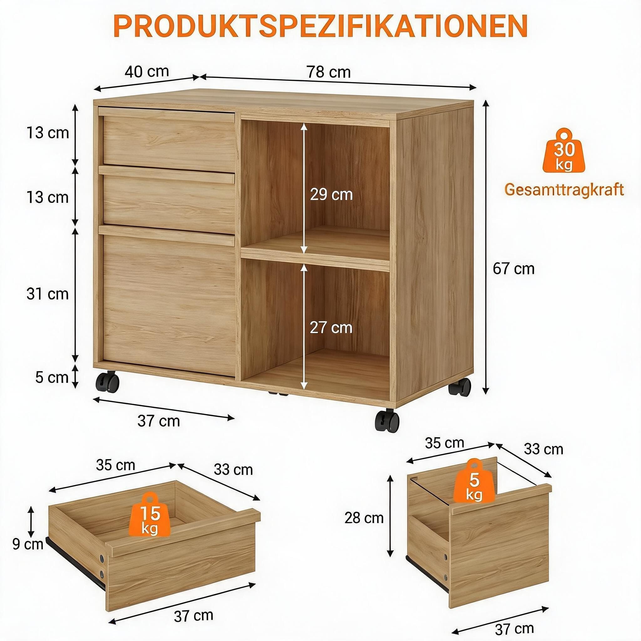 GarveeMore Aktenschrank Container Stauraumschrank mit 3 Schubladen und offenen Ablagefächern (1-St) hoch 67cm, mit Rolle Computerschrank Beistellschrank Mehrzwe – Bild 3 von 5