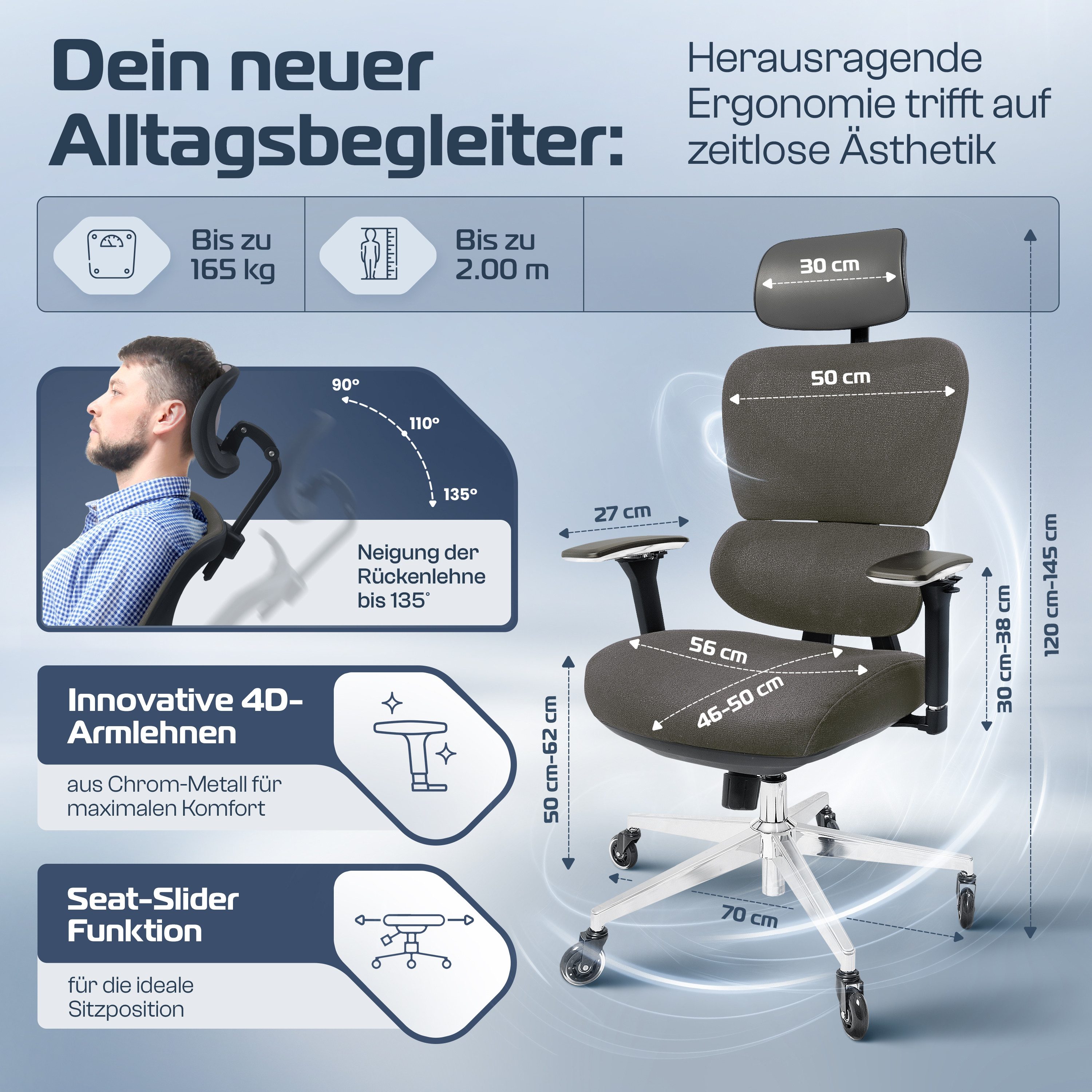 CLOUVOU Bürostuhl Ergonomisch, Schreibtischstuhl bis 150 kg - Testsieger (P günstig online kaufen