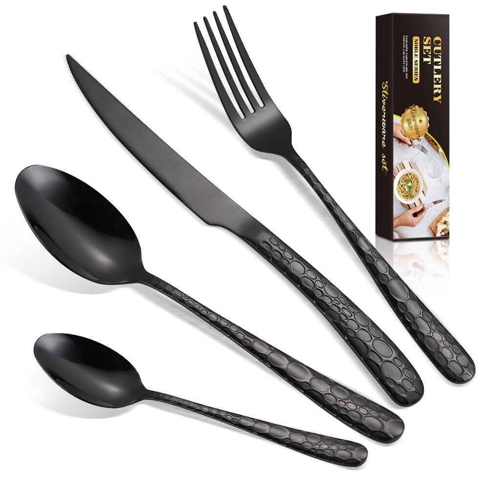KingLux Besteck-Set 24teilig Edelstahl Besteck Set Schwarz Tränenmuster spülmaschinenfest (24-tlg), 6 Personen, Edelstahl 18/10 – Bild 2 von 5
