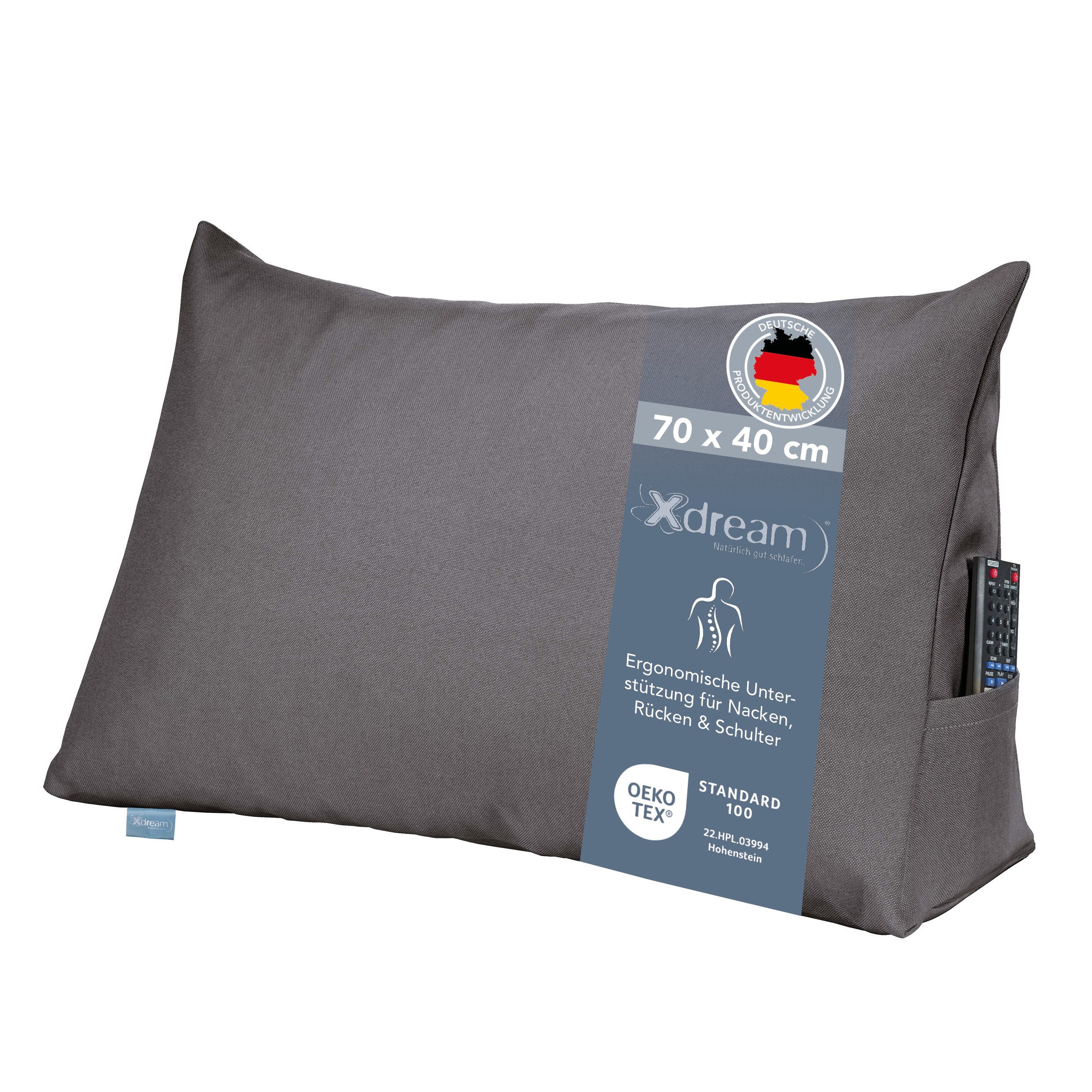 XDREAM Rückenkissen ergonomisches Keilkissen für Bett und Sofa, 1-tlg., als Kopfkissen oder Venenkissen verwendbar, mit praktischem Seitenfach
